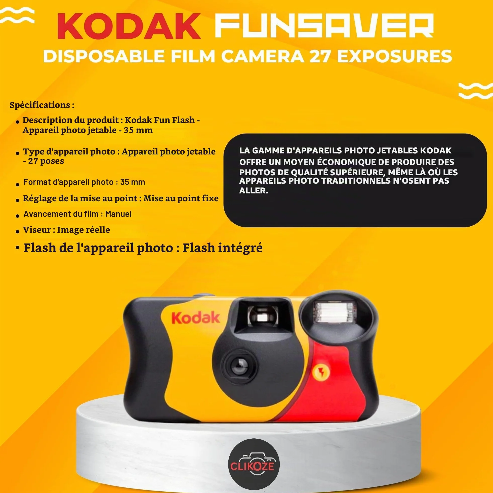 Lot d'appareils photo jetables – Comprend 10 paquets d'appareils photo Kodak Funsaver à usage unique 35 mm avec 27 poses et carte d'astuces pour photographie Clikoze
