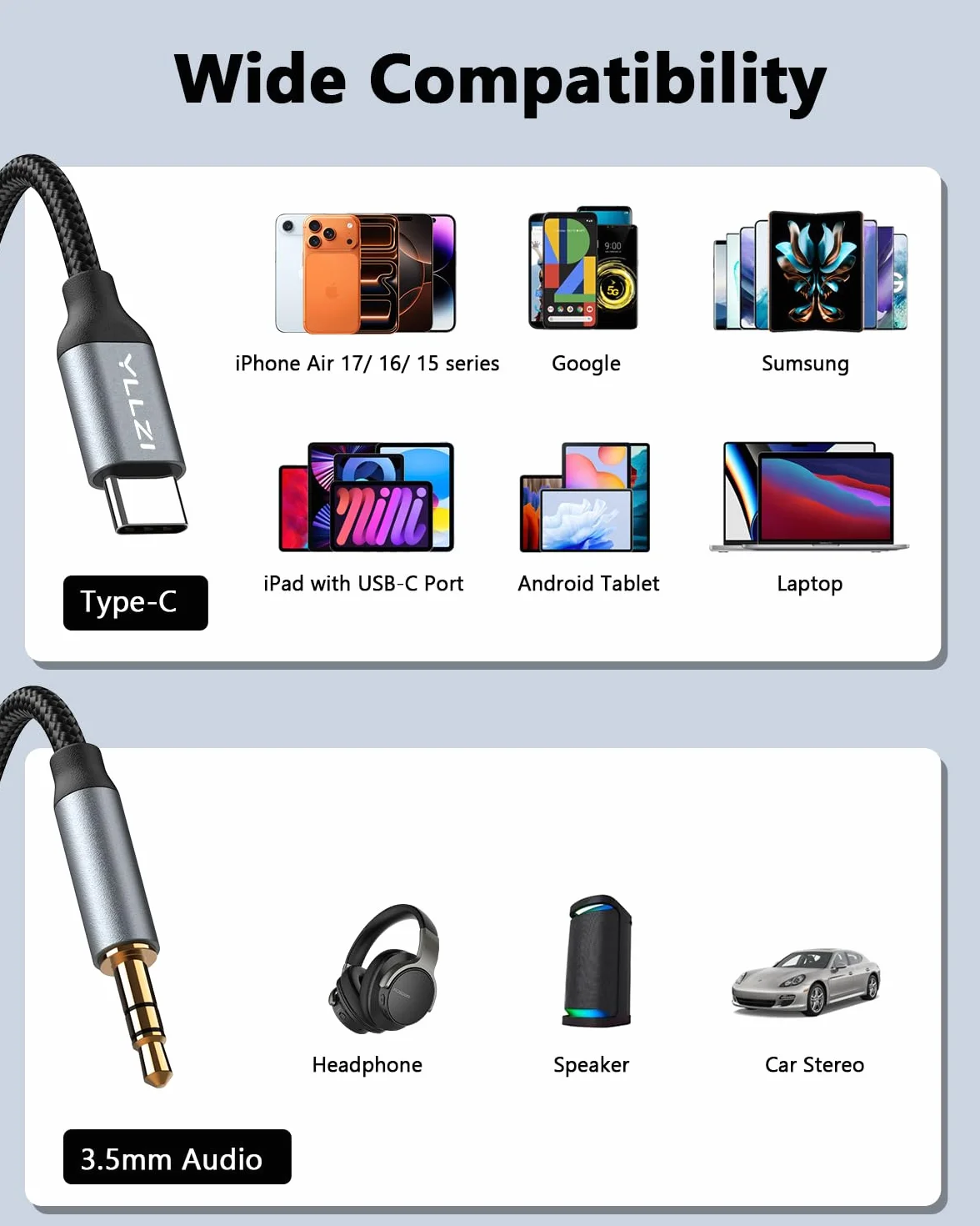 YLLZI Câble USB C vers 3,5mm Jack 1,2m, Câble Adaptateur Jack Audio auxiliaire de Type C pour iPhone 17 16 15 série, Câble USB C Stéréo pour Galaxy S22/S21/S20+/Note 20/10/A8, Home/Car Stéréo etc