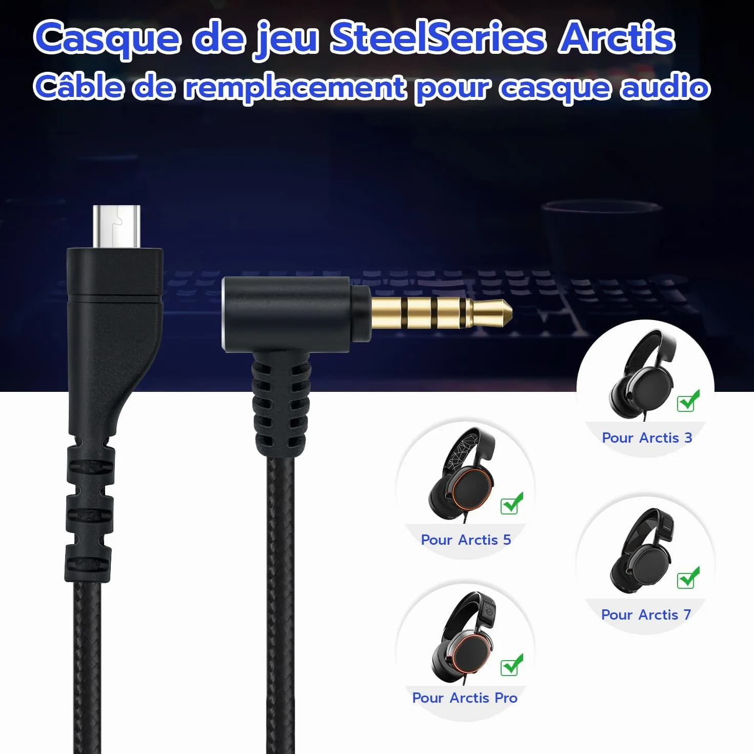 Mcbazel Arctis Remplacement du Câble du Casque Câble Audio de Rechange pour Casque de Jeu SteelSeries Arctis 7/Arctis 5/Arctis 3/Arctis Pro - Câble Audio en Nylon - 2 m (noir)