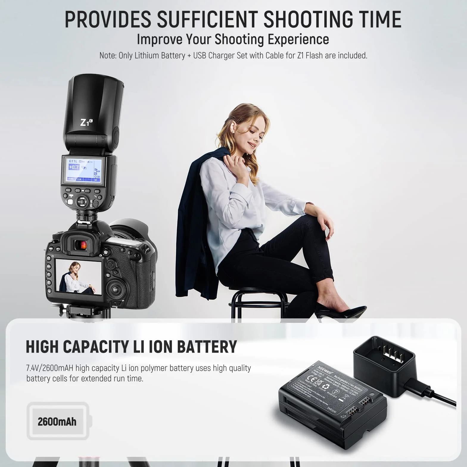 NEEWER Batterie Lithium 7,4V/2600 mAh et Chargeur USB TTL Z2-C/N/S, Z1-C/N/S, Z760-C/N/S Flash à tête Ronde Speedlite, Batterie de Remplacement au Lithium entrée DC 5 V/2 A, 8,4 Chargeur USB Type C