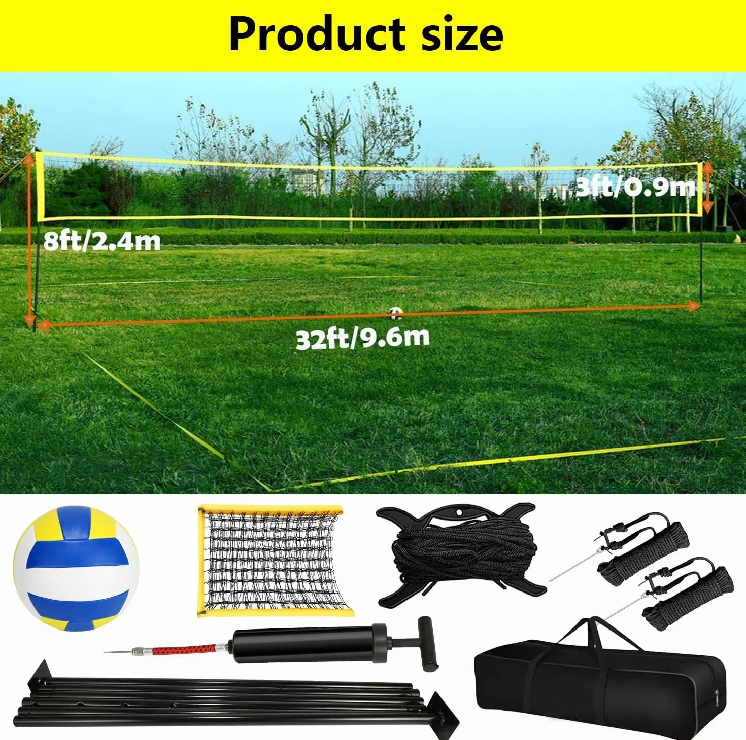 Kit de filet de volleyball professionnel réglable 9,5 m, poteaux en acier, marquage terrain, volley-ball, sac de transport pour plage jardin