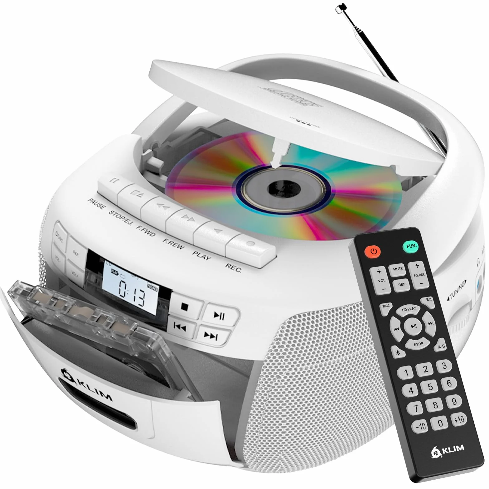 KLIM Lecteur CD Cassette Radio AM/FM Bluetooth Stéréo USB AUX Blanc