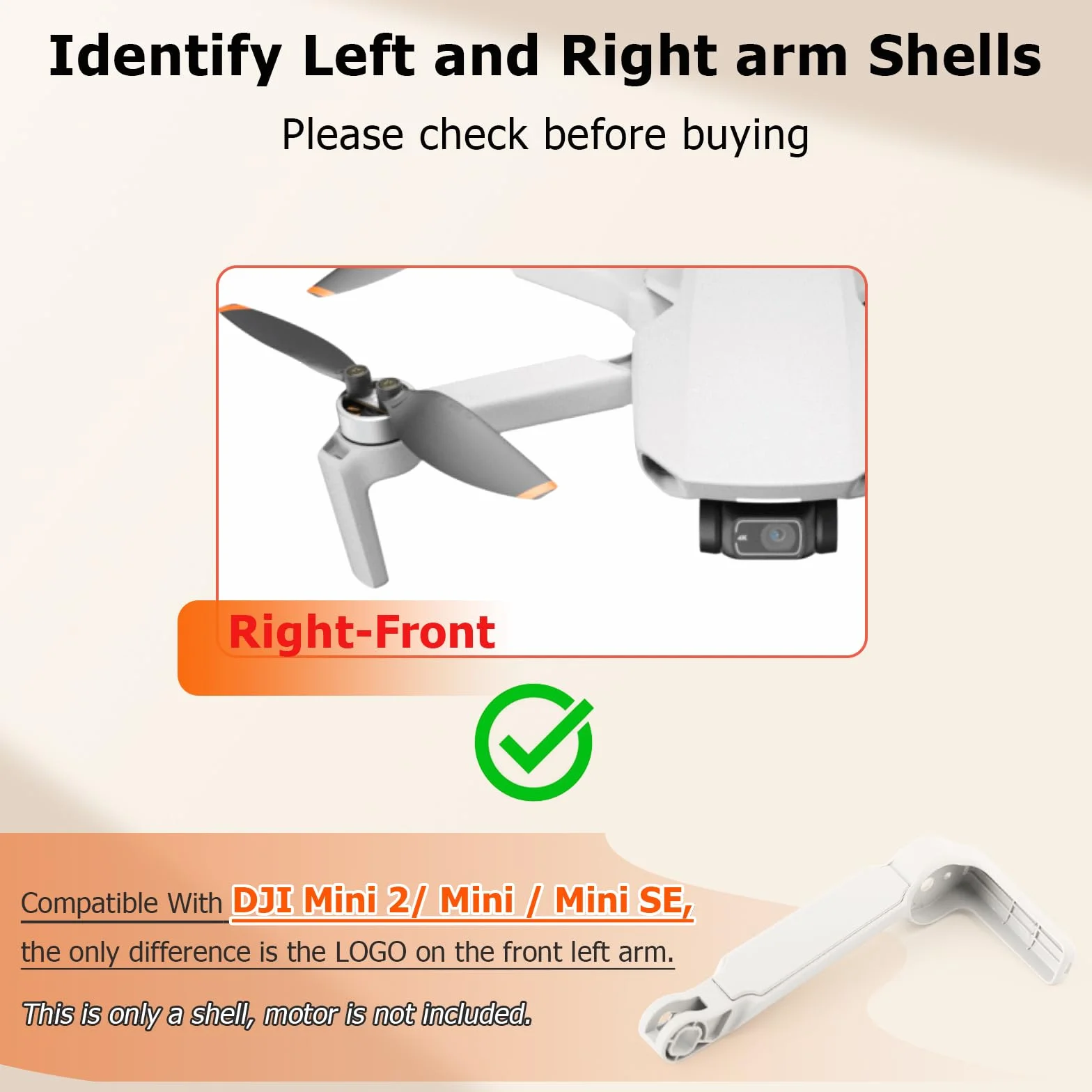 Bras de Rechange sans Moteur pour DJI Mini 2/Mini/Mini SE Coque de Bras de Réparation pour DJI Mini 2/Mini/Mini SE Drone (Avant Droit)