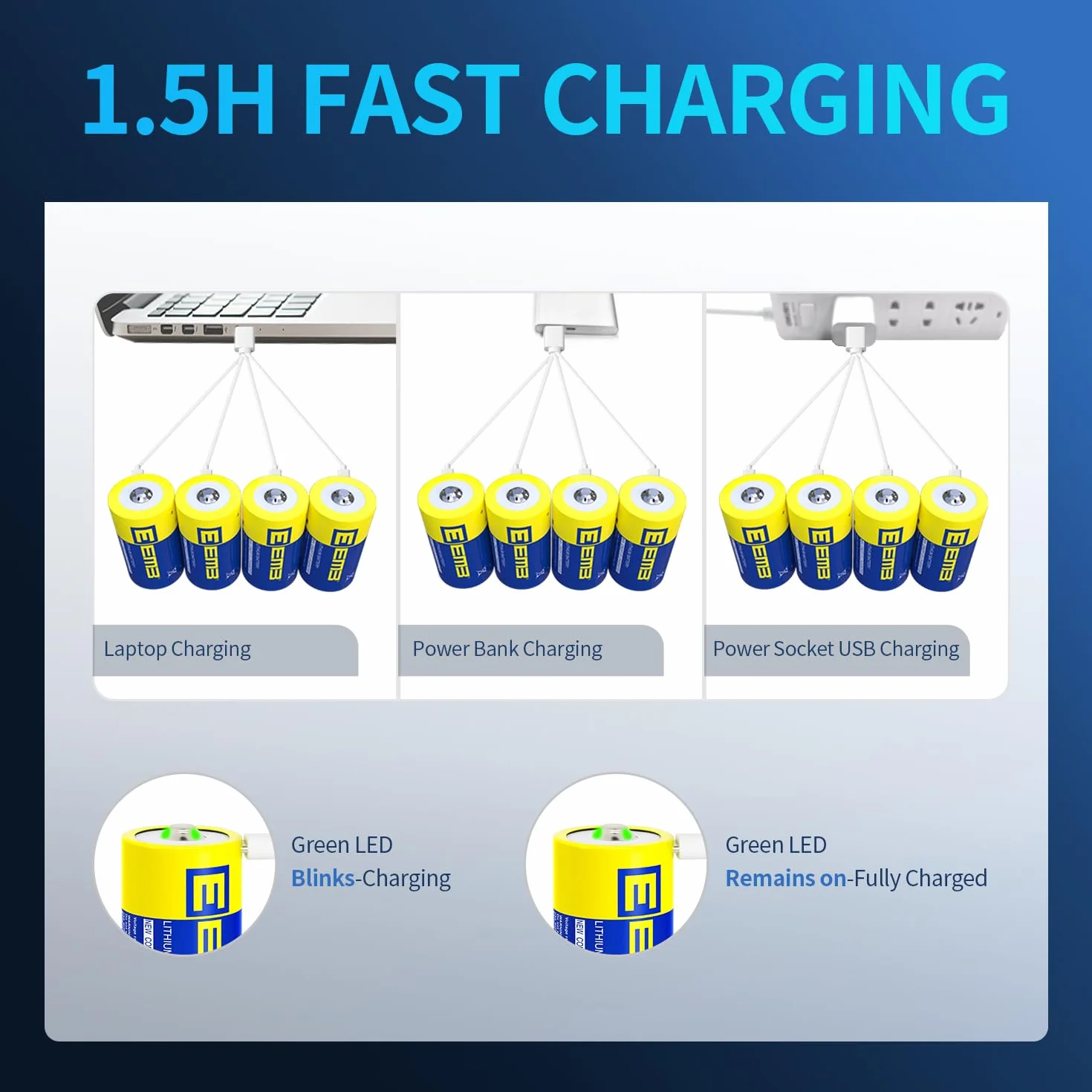 EEMB D Batterie Rechargeable 1.5V 5550mWh Lithium Batterie USB Type C Câble de Charge LR20 Lampe de Poche Batterie de Remplacement - Pack de 2