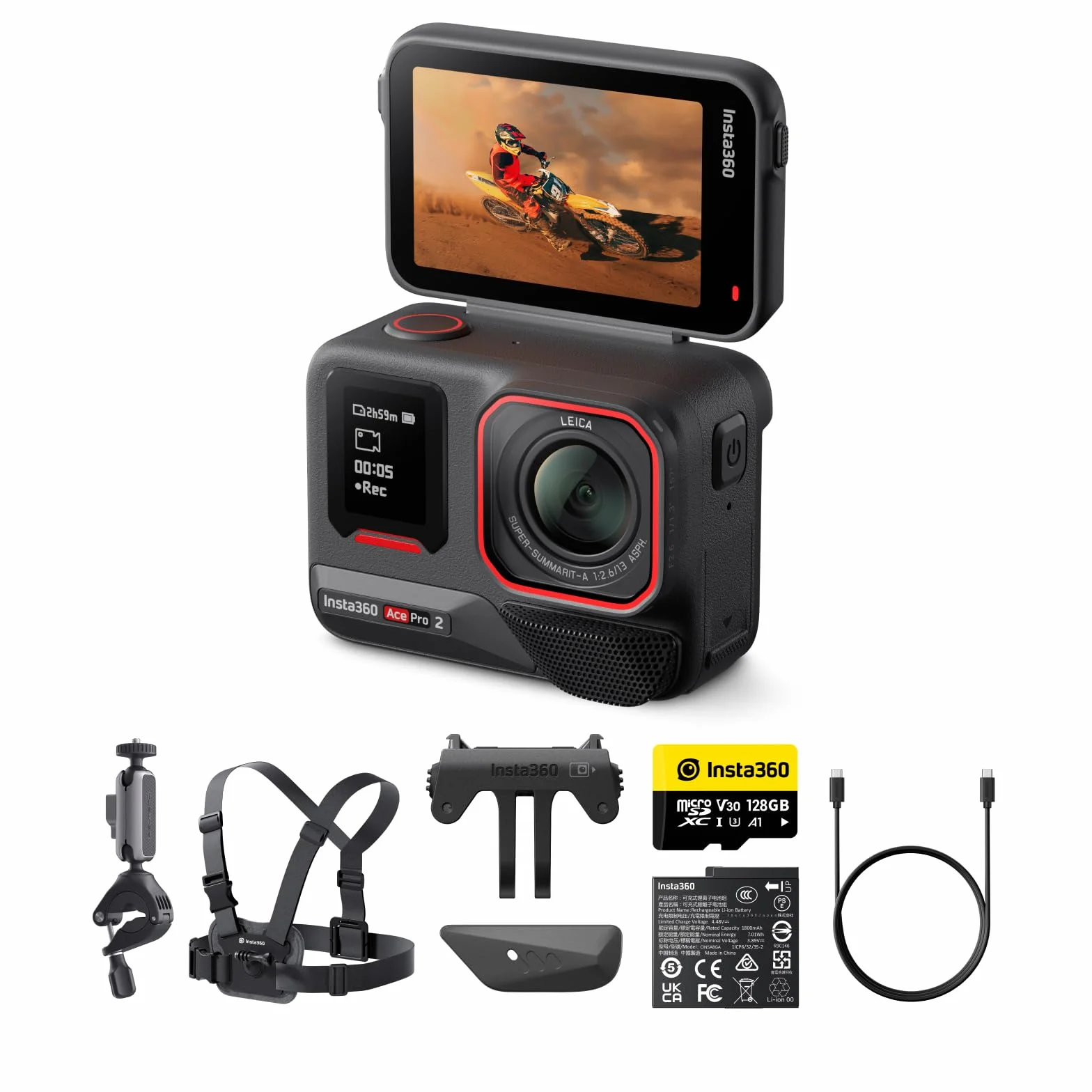 Insta360 Ace Pro 2 Pack Vélo - Caméra d'action étanche 8K co-conçue avec Leica, capteur 1/1,3", Double Puce d'IA, qualité en Basse lumière, Audio avancé, écran Rabattable, édition IA pour Vlogs, Moto
