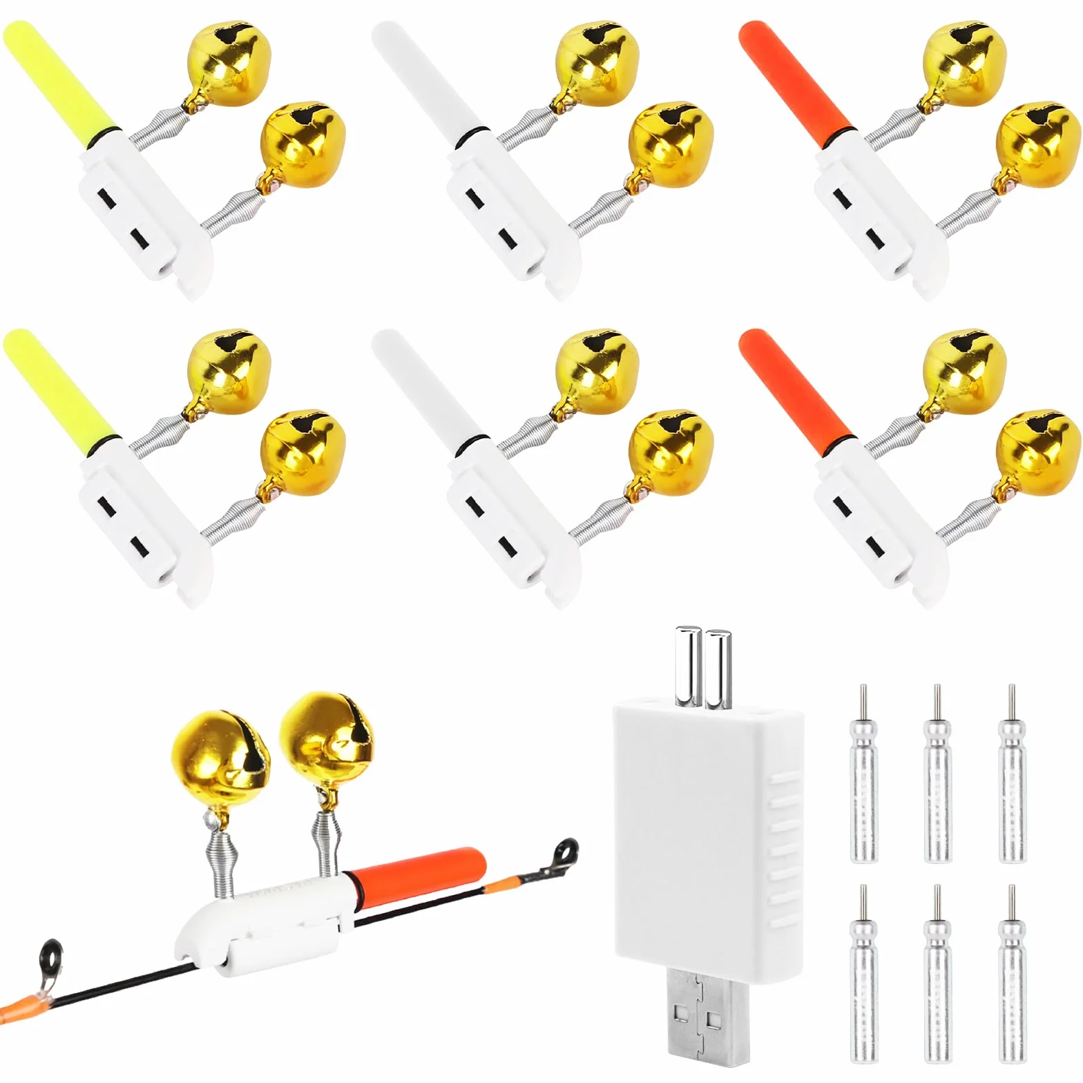 Détecteurs de touche de pêche OneNine, lot de 6 alarmes avec chargeur et lampe LED