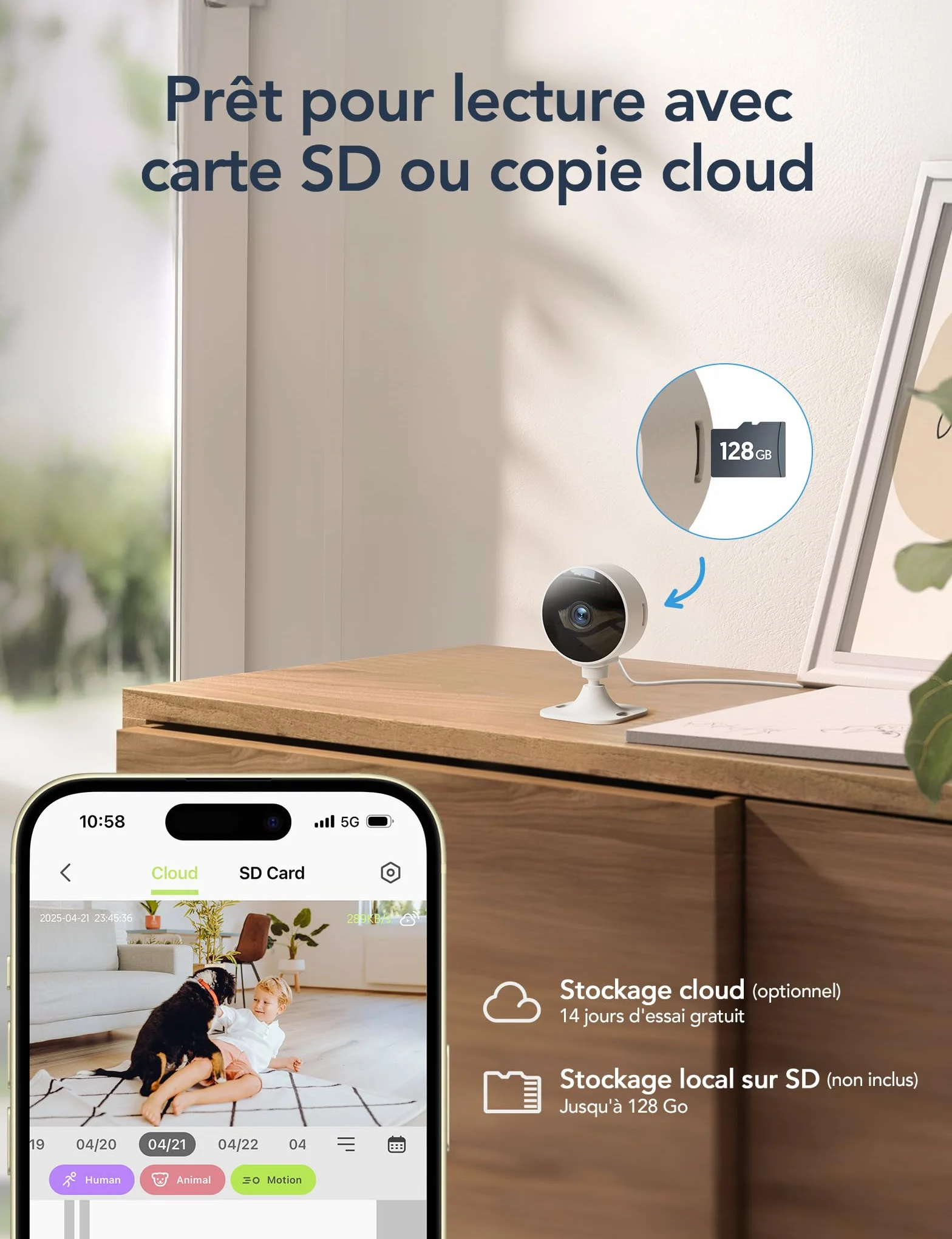 GNCC Caméra de sécurité intérieure 1080p Wi-Fi 2,4 GHz détection Mouvement IA Audio bidirectionnel Vision Nocturne Stockage Cloud