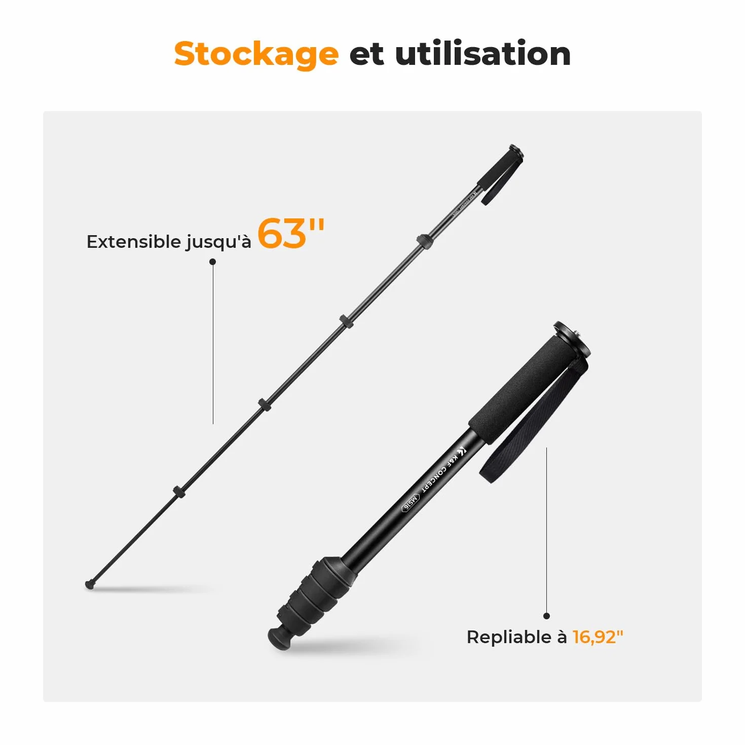 K&F Concept Monopode 160cm, Trépied de Voyage Multifonctionnel Amovible pour Gopro DSLR avec Cordon Anti-Perte, Extensible Appareil Photo, Charge Max 5kg, Poids 0,33kg - MS16