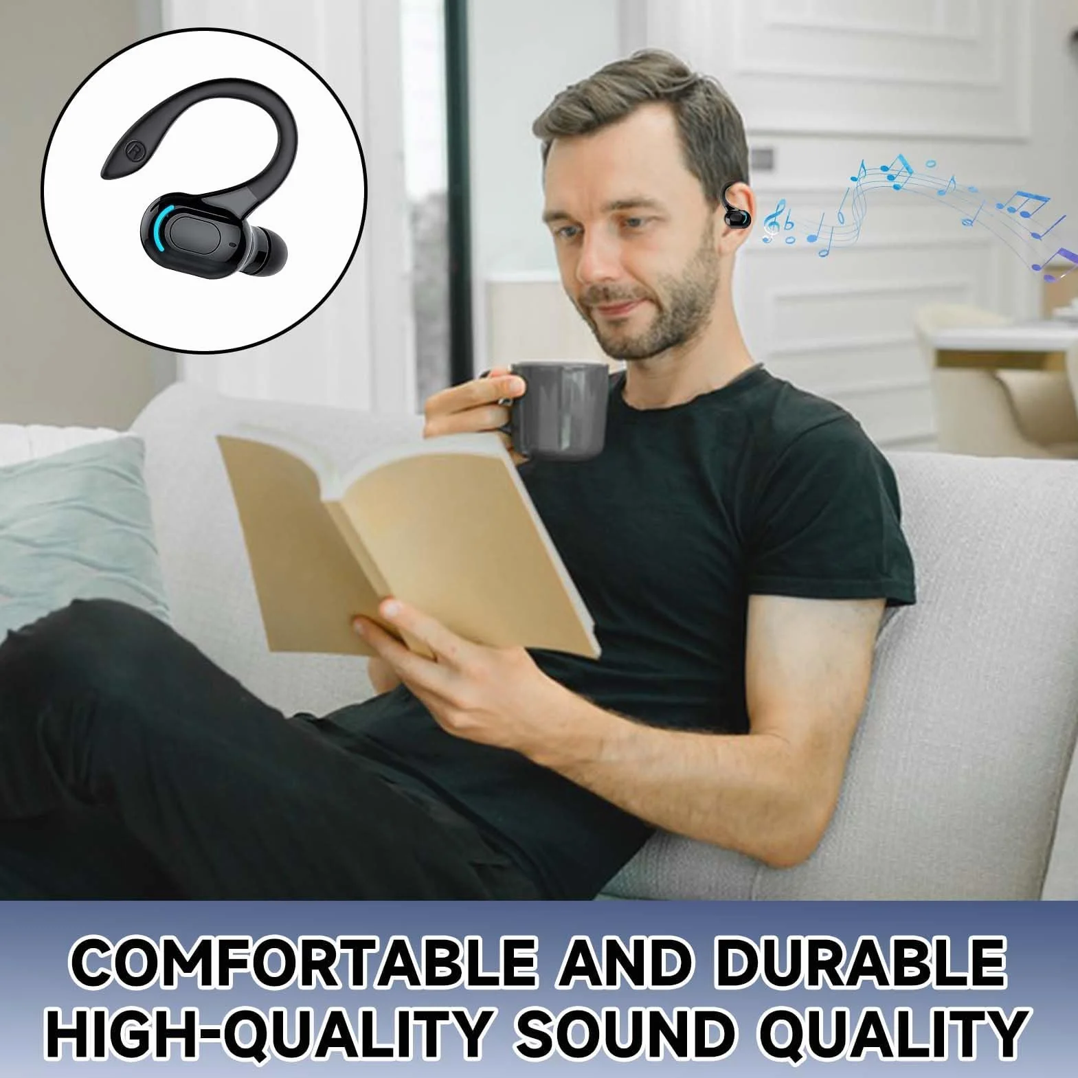 Oreillette Bluetooth sans Fil V5.2 Écouteur Mono Tour d'oreille 360° avec Micro Intégré Mains Libres Bluetooth pour i Phone Android PC
