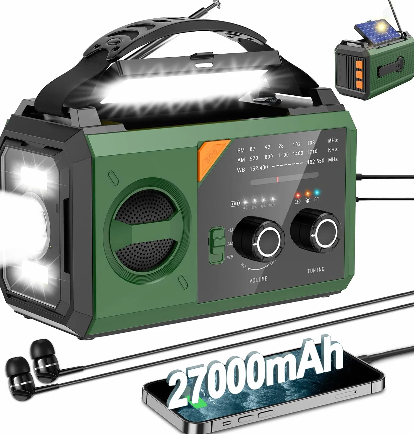 Radio d'Urgence à Manivelle 27000mAh Solaire AM/FM Portable Bluetooth Lampe de Poche SOS