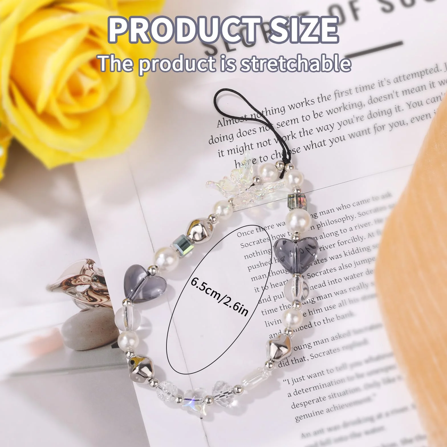 Gosknor Sangle de Téléphone à Perles, Joli Bracelet de Téléphone Portable Y2K en Forme de Cœur et de Papillon pour Portefeuilles Appareils Photo Porte-Clés Sacs à Dos Accessoires