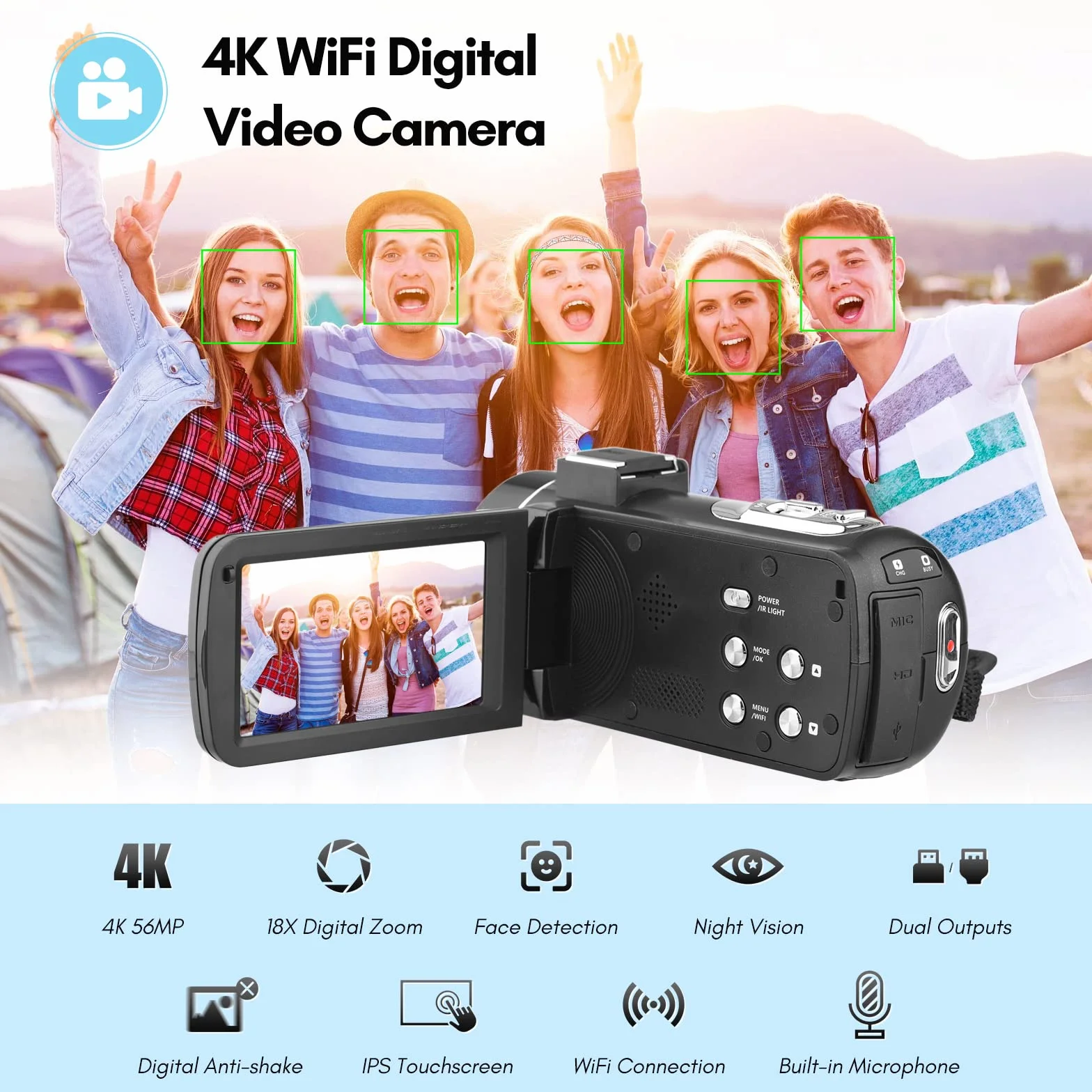 Caméra vidéo numérique 4K Caméscope WiFi Enregistreur DV 56MP Zoom numérique 18X Écran Tactile IPS 3,0 Pouces avec 2 Piles + télécommande + Sac de Transport