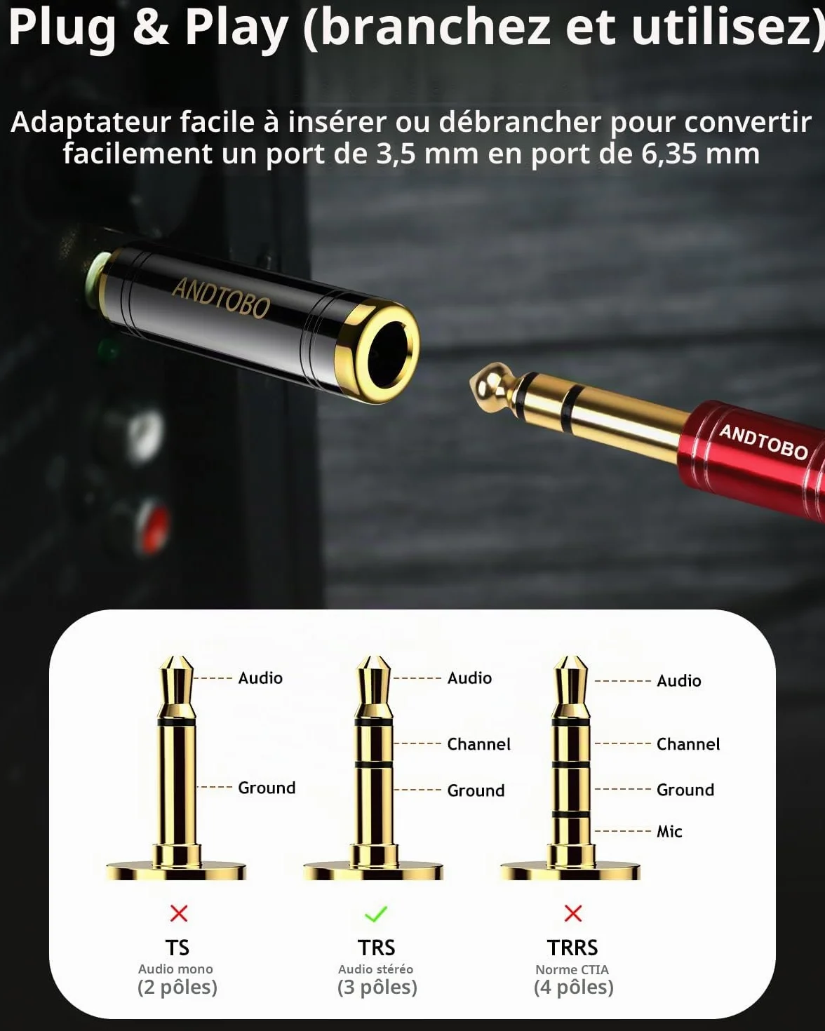 ANDTOBO Adaptateur Casque stéréo 1/4" vers 3,5 mm Jack Femelle 6,35 mm Noir