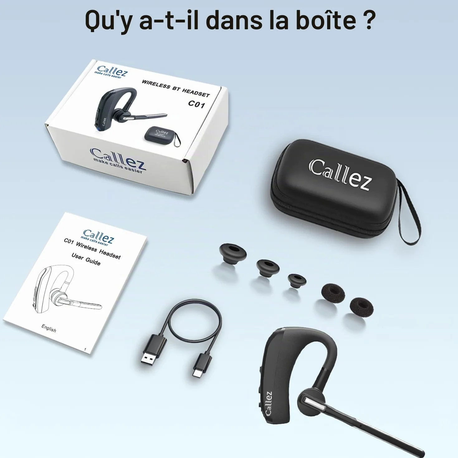 Callez Oreillette Bluetooth sans Fil pour iPhone Samsung Téléphone Portable, Casques Bluetooth Mono Écouteur V5.0 Main Libre avec Double Micro CVC8.0 ENC Antibruit pour Conduite Affaires Bureau