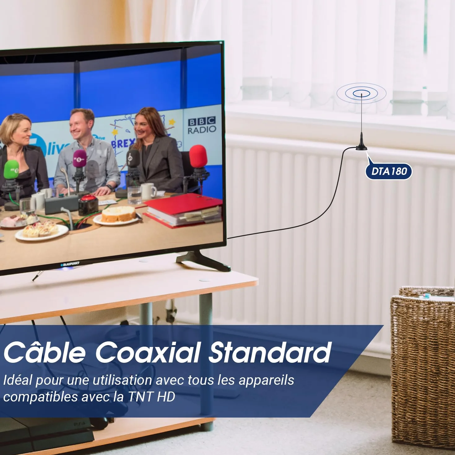 August DTA180 - Antenne TV Intérieur TNT HD - Puissante, Petite, Mini, Discrète, Portable, Base magnétique, Réception Optimale de la Télévision France Belgique Maison, Camping Car, Caravane - Noir