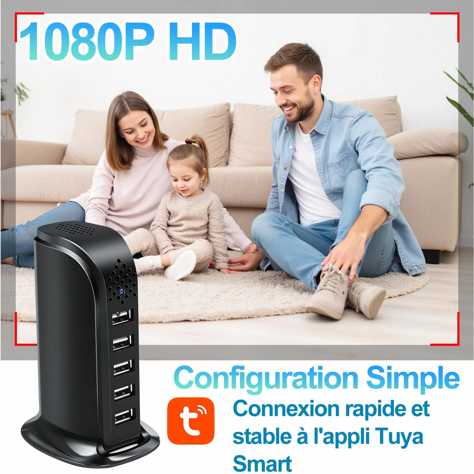 TANGMI Camera Espion, Hub de Charge 5-en-1 Mini Camera Espion sans Fil, WiFi 2.4G & 5Ghz 1080P HD avec Détection de Mouvement et Alertes Instantanées pour la Maison et Le Bureau