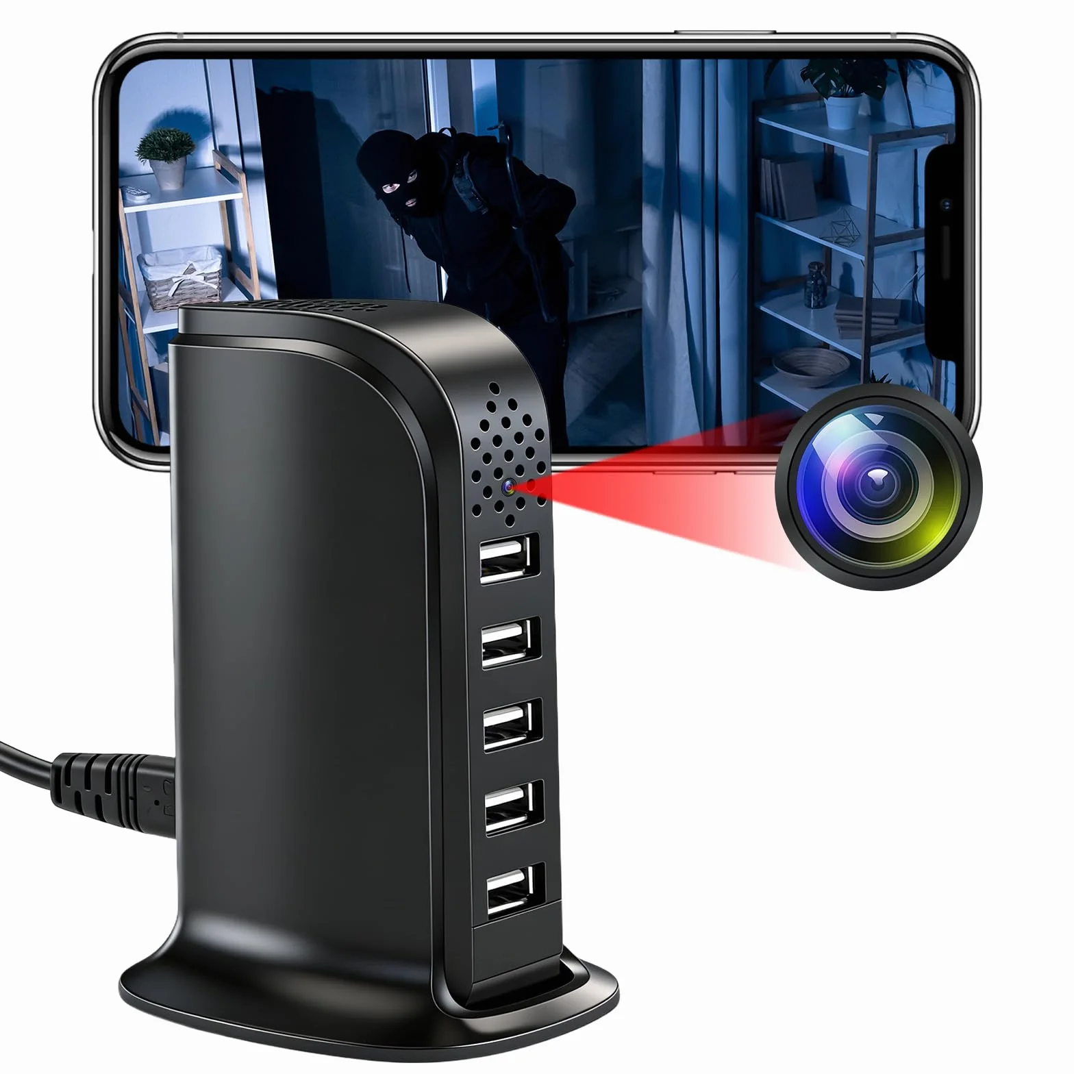 TANGMI Camera Espion, Hub de Charge 5-en-1 Mini Camera Espion sans Fil, WiFi 2.4G & 5Ghz 1080P HD avec Détection de Mouvement et Alertes Instantanées pour la Maison et Le Bureau