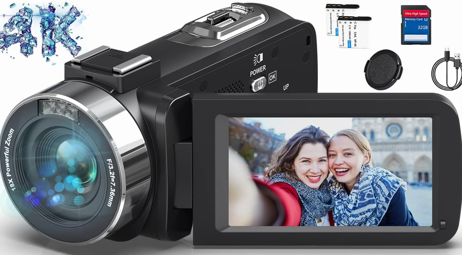 Caméscope 4K Caméra Vidéo HD 80MP 30FPS Vision Nocturne Infrarouge Zoom Numérique 18X Webcam Camescope, 3,0’’ Pouces Rotation à Écran IPS Vlogging Camera pour Youtube avec 2 Batteries, Carte SD 32Go