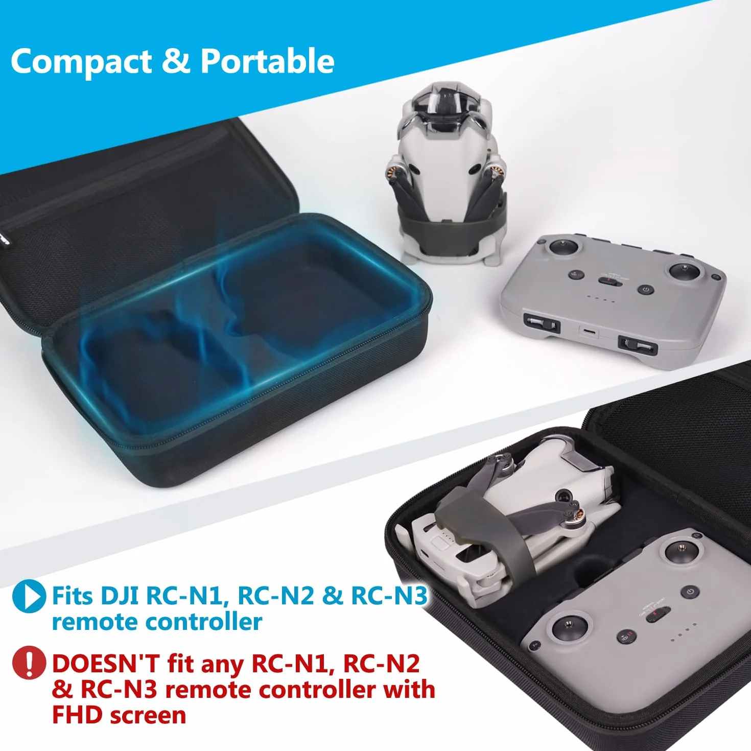 JSVER Étui Case pour DJI Mini 3 Pro, Portable EVA Boîte de Voyage pour DJI Mini 3, Espace de Rangement Sac de Transport pour RC-N2 N3, Noir