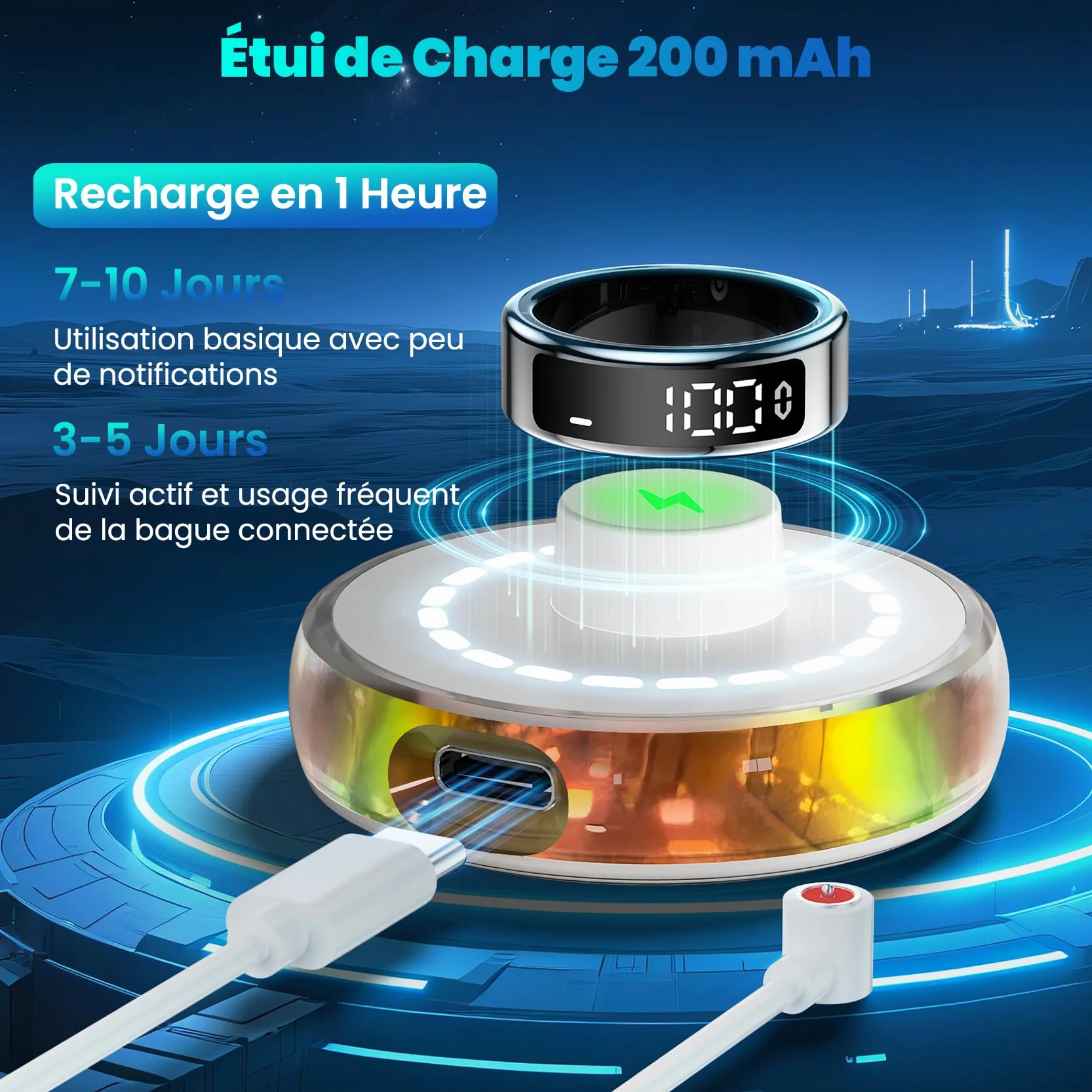 Smart Ring Homme Femme avec Écran LED, IP68, Trackers d'Activité Santé Fitness, Argenté 13