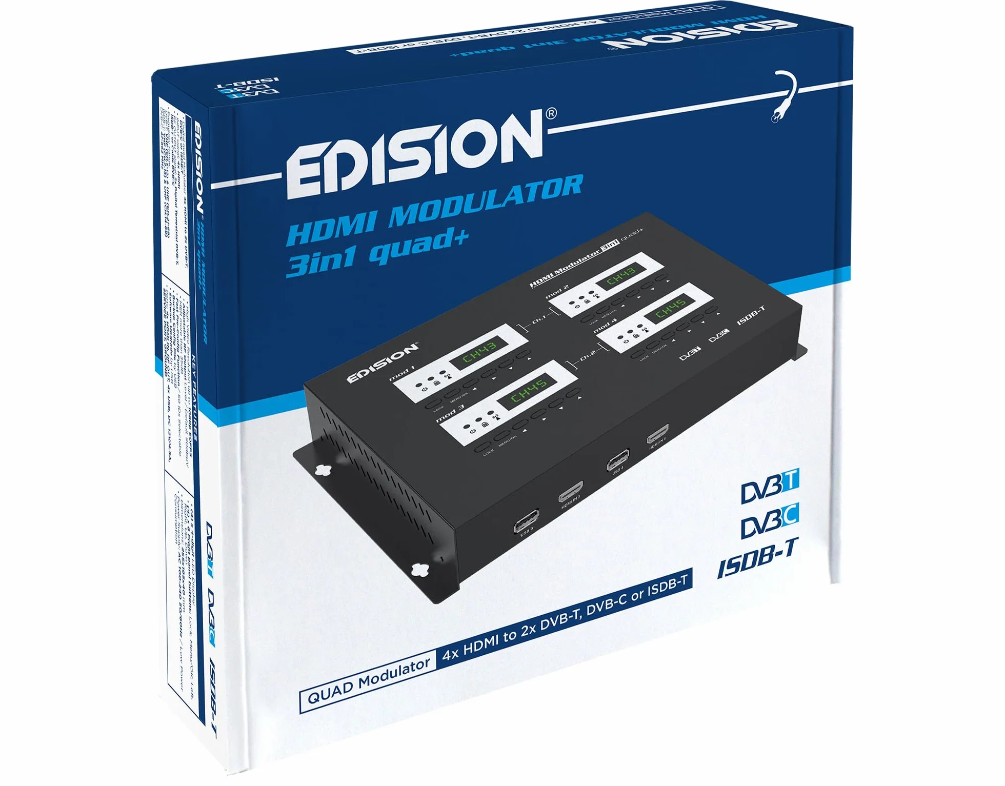 EDISION Modulateur HDMI 3in1 Quad+ RF 4X HDMI DVB-T ISDB-T DVB-C Full HD Coaxial Plug and Play