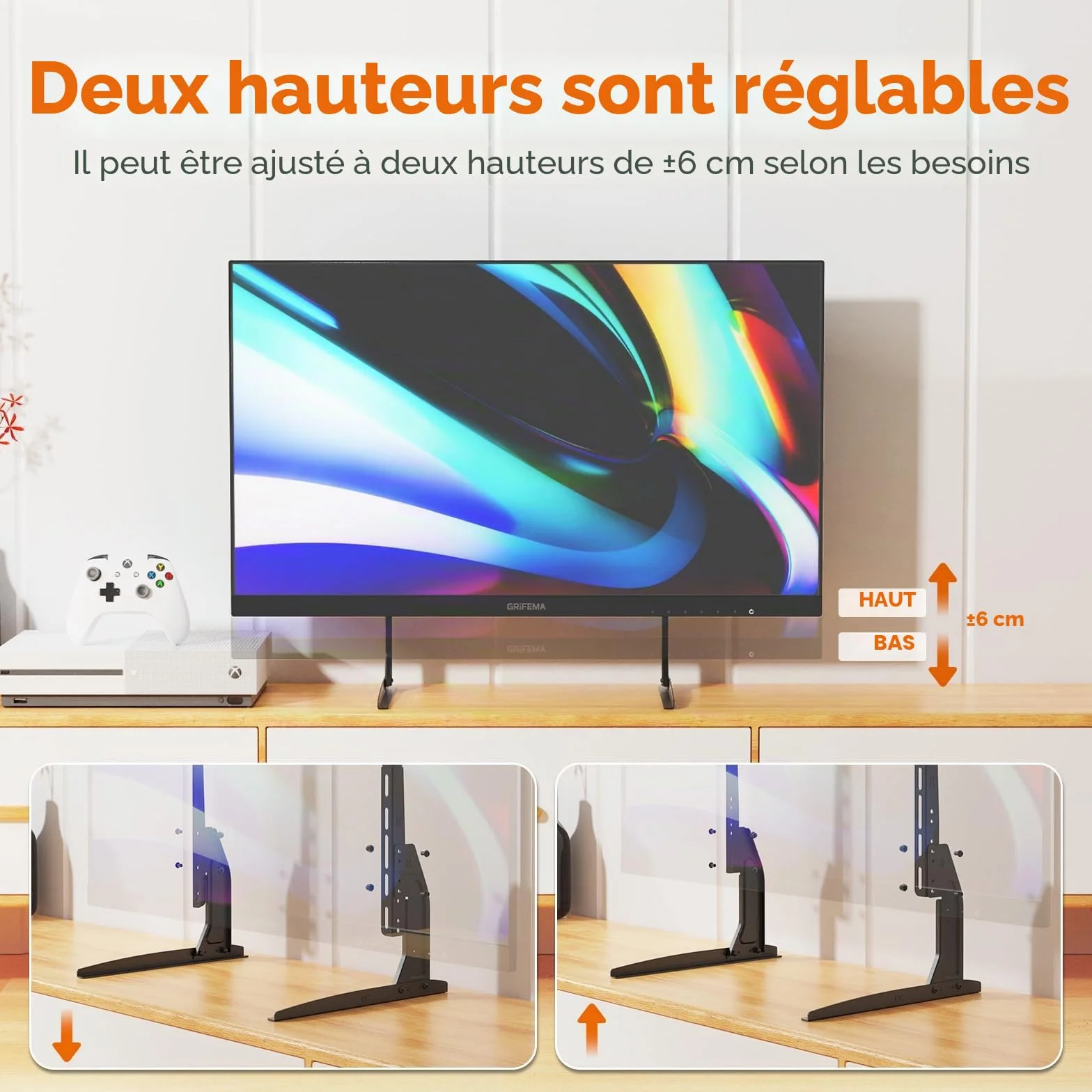 GRIFEMA Pied TV Universel pour Téléviseurs 22"-80", Hauteur Ajustable, Supporte Jusqu'à 50kg, VESA Max 800x400mm, Montage Facile - Noir