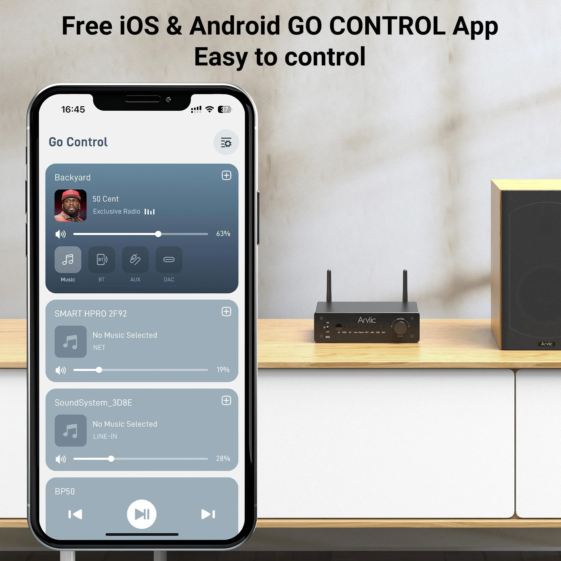 Arylic B50 Amplificateur Stéréo Bluetooth 2 Canaux 50Wx2 Home Audio avec HDMI Arc Opt DAC Phono
