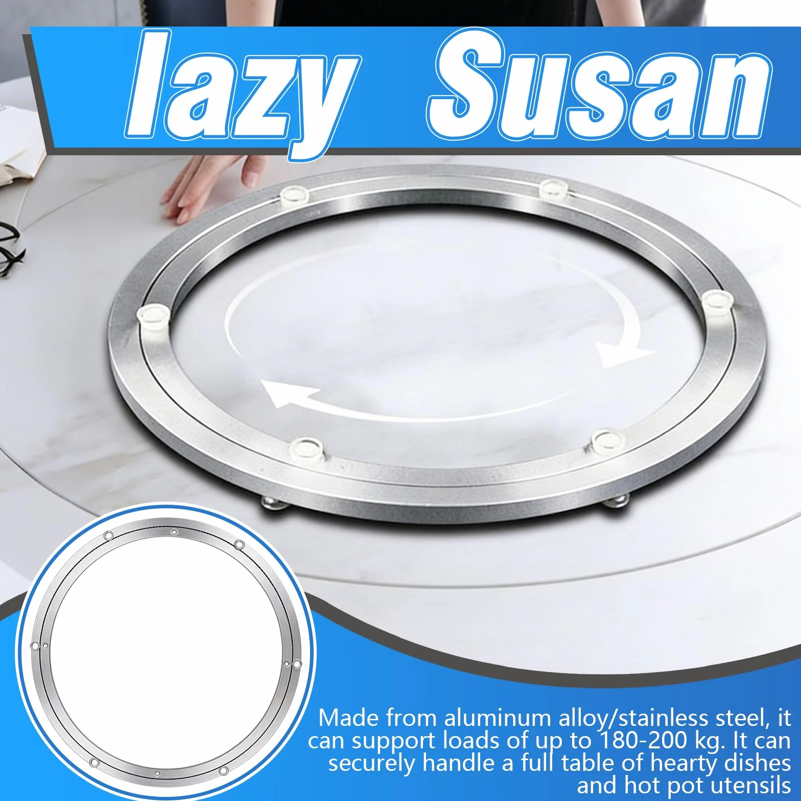 Plateau Tournant, Lazy Susan 50 cm (20 Pouces) Roulement Rotatif en Aluminium 360° Plateau Tournant Charge Lourde 180 kg avec Pieds Antidérapants pour Table Salle À Manger Support Écran