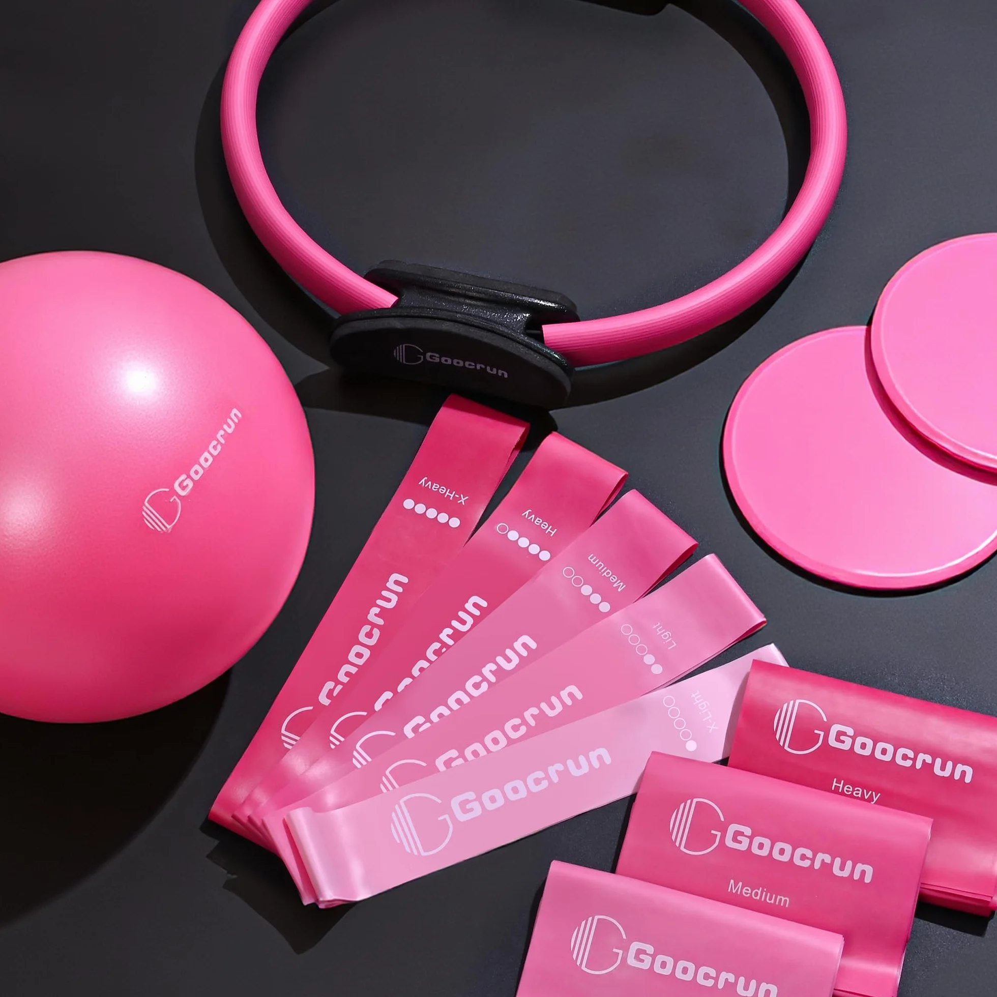 Goocrun Ensemble d'anneaux de Pilates avec bandes de résistance, ballon et disque de glissement