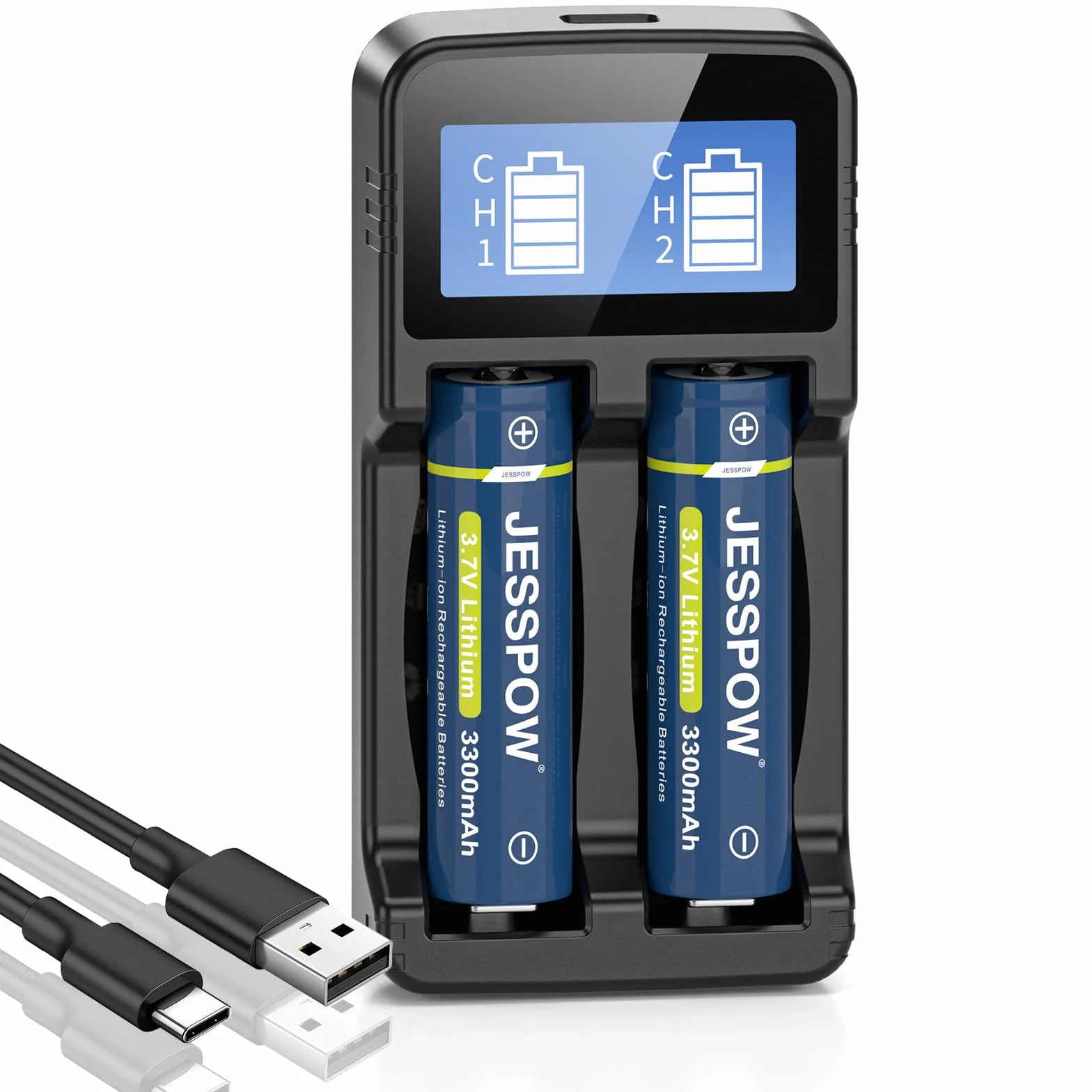 Piles Rechargeables 3.7V 3300mAh Button Top avec Chargeur pour Lampe de Poche Sonnette Télécommandée 2Pcs 18x65mm