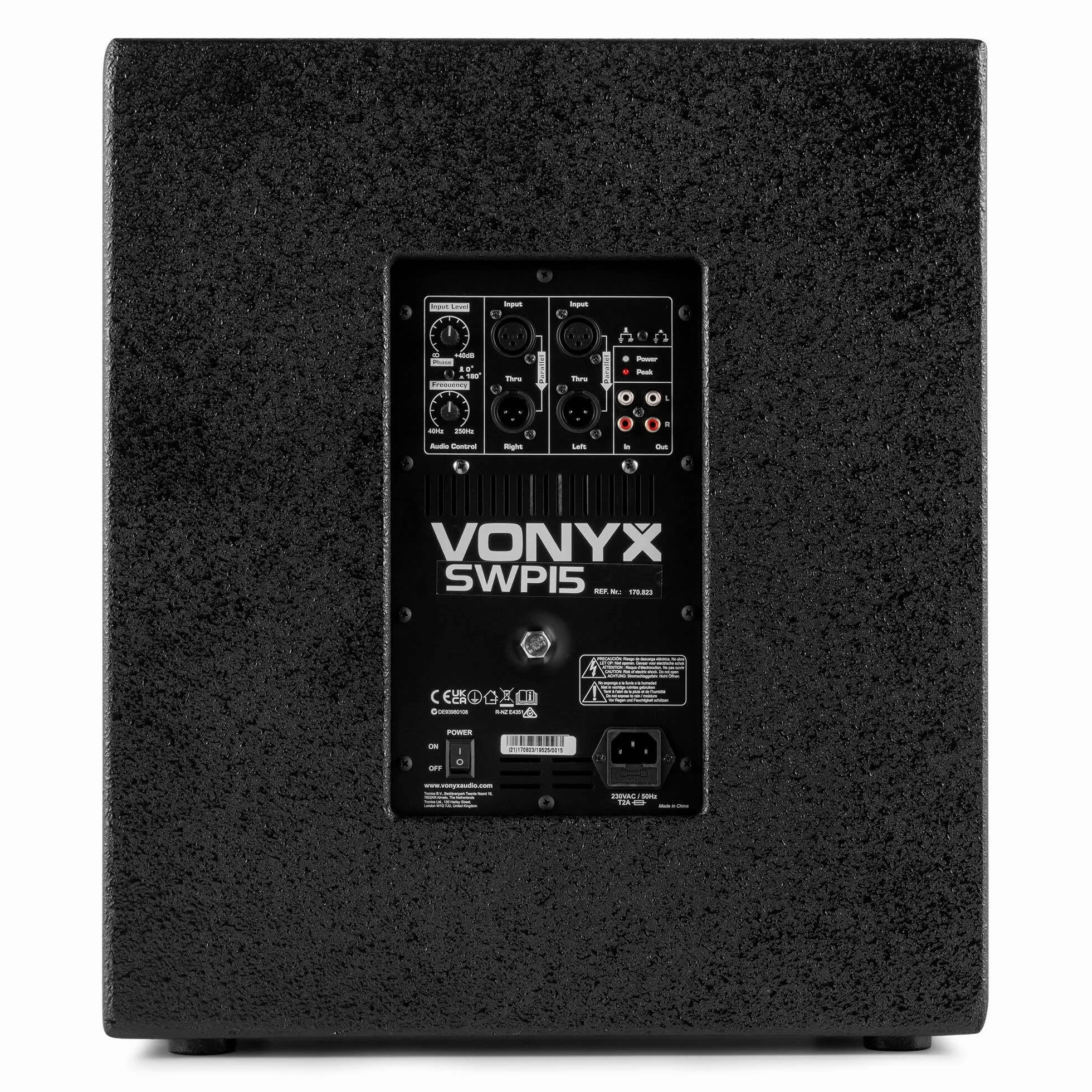 VONYX SWP15 Caisson de Basse Actif 800W, Phase Réglable, Entrée/Sortie XLR + RCA, Amplificateur Intégré, Insert sur la Face Supérieure pour Enceinte Active, Grave 15", Idéal pour DJ Mobile