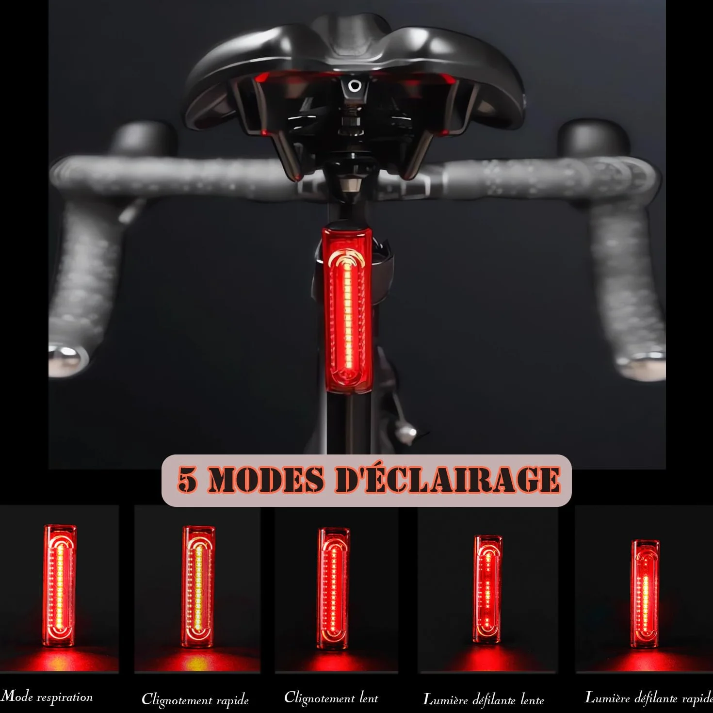 Lampe LED Vélo Arrière Rechargeable USB 120lm IPX6 5 Modes