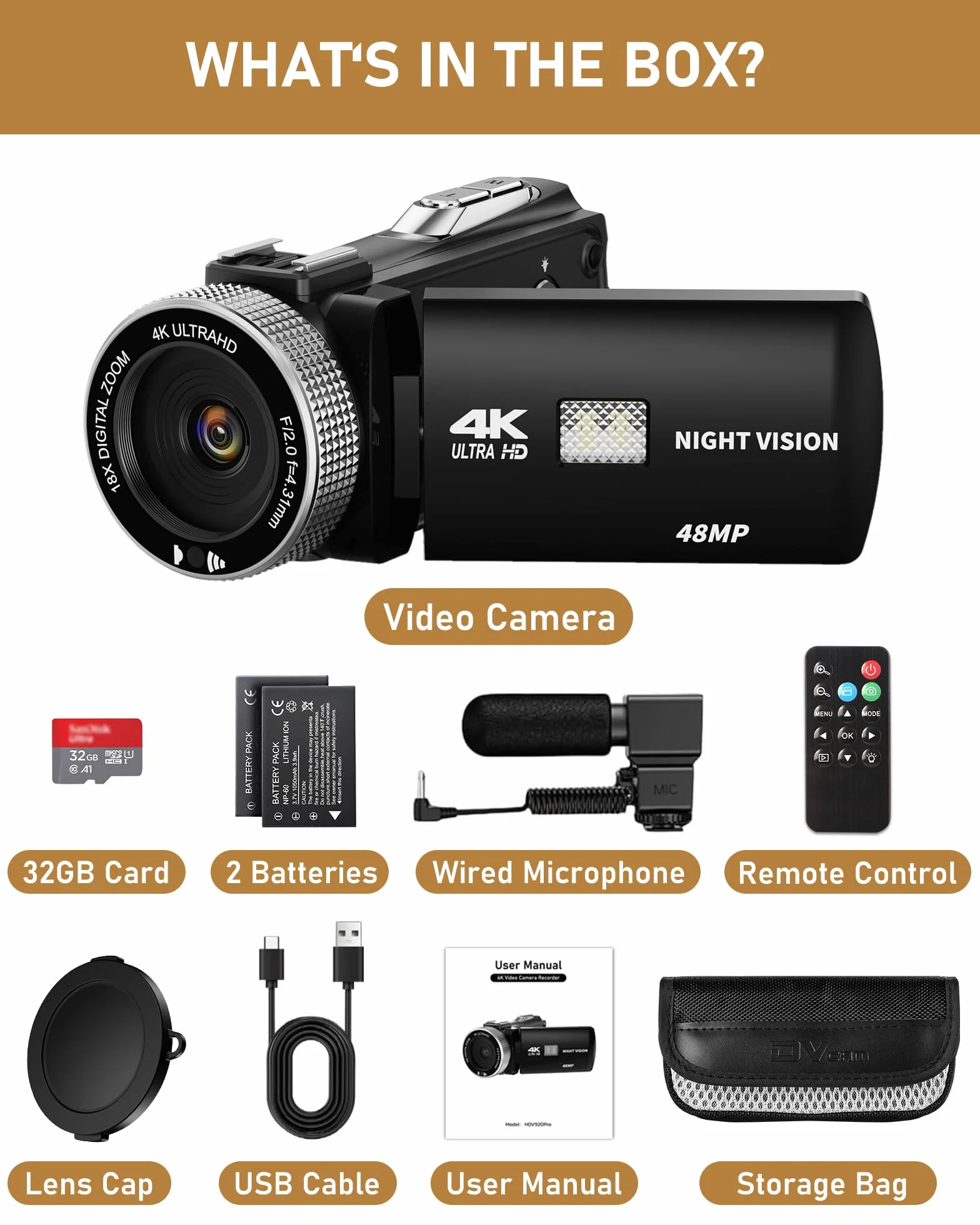 Caméscope 4K 48MP Vision Nocturne IR Zoom Numérique 18X Écran Tactile 3,0 Pouces Rotation 270° Caméra Vlogging avec Télécommande Mic Carte 32 Go 2 Piles
