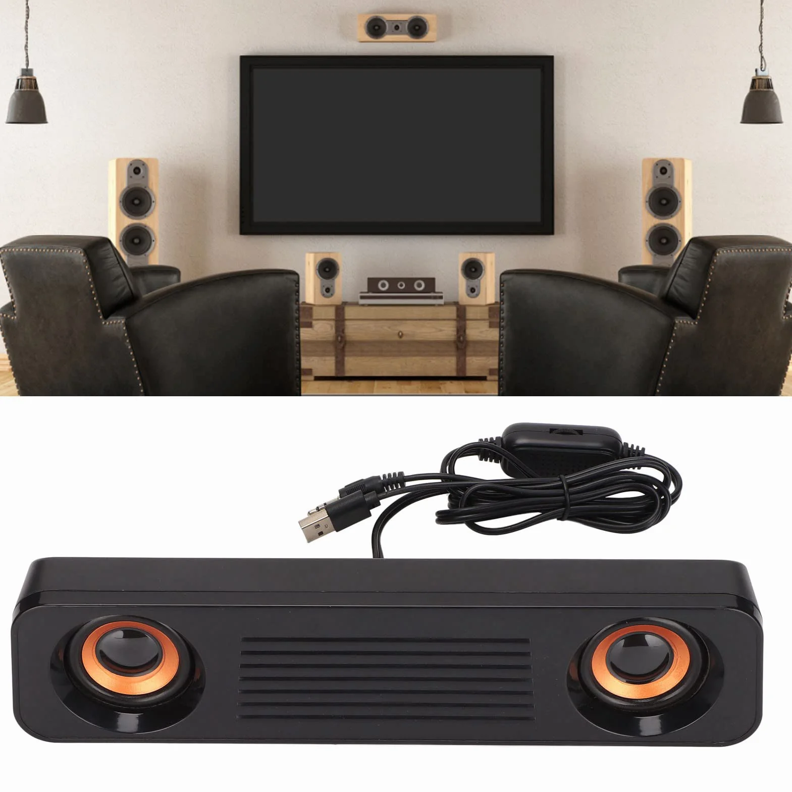 Barre de Son pour TV, Haut-Parleur Filaire Portable HiFi Stéréo Caisson de Basses, USB, Prise 3,5 mm