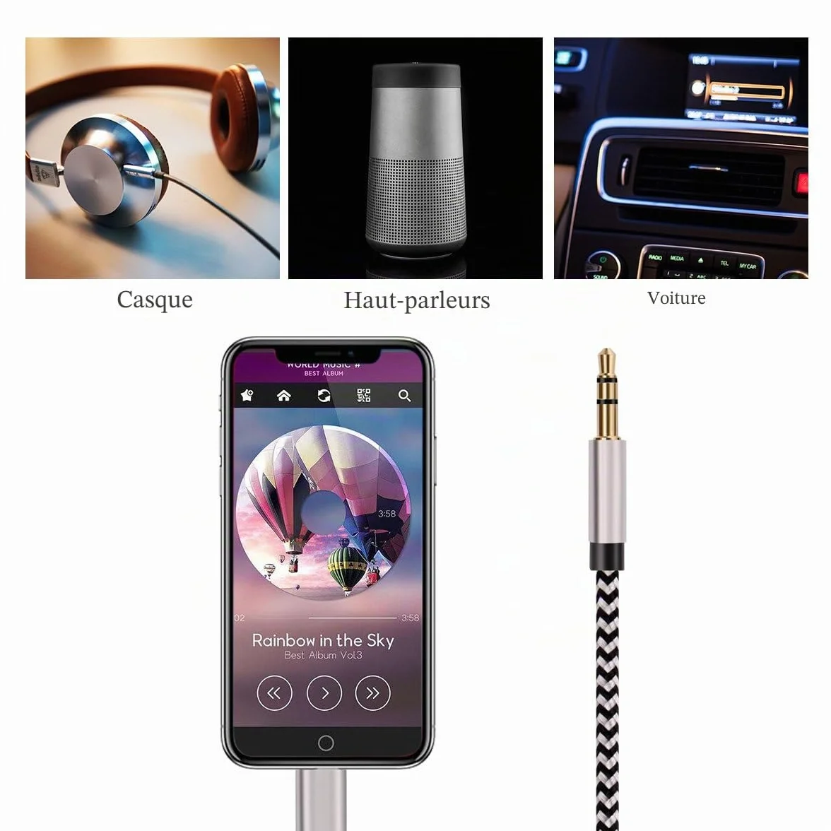 Câble auxiliaire Lightning Jack 3.5mm pour iPhone 14/13/12/X/11/8/7 Pro Max Voiture Audio