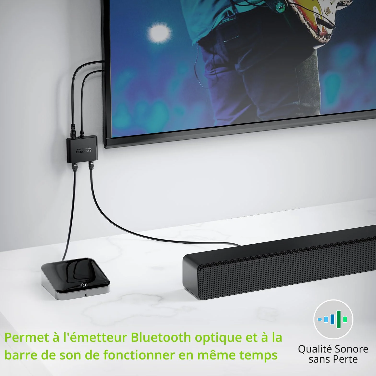 LiNKFOR Répartiteur Optique Toslink 1 Entrée 2 Sorties Câble Intégré 1m Actif avec Alimentation USB Chipset Stable Support LPCM/DTS/Dolby Digital Transmission 40m Pour Barre de Son et Casque Sans Fil