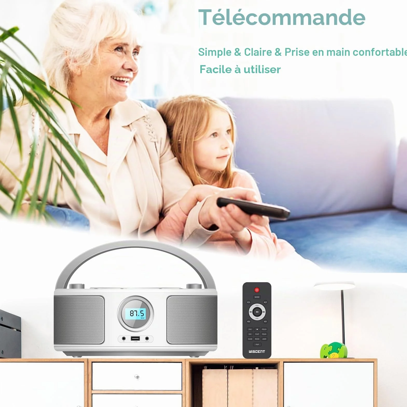 Poste CD Enfant, WISCENT Radio FM Lecteur CD Portable Boombox (avec Bluetooth,Radio FM,USB,AUX,Prise Casque) Lecteur CD Enfant