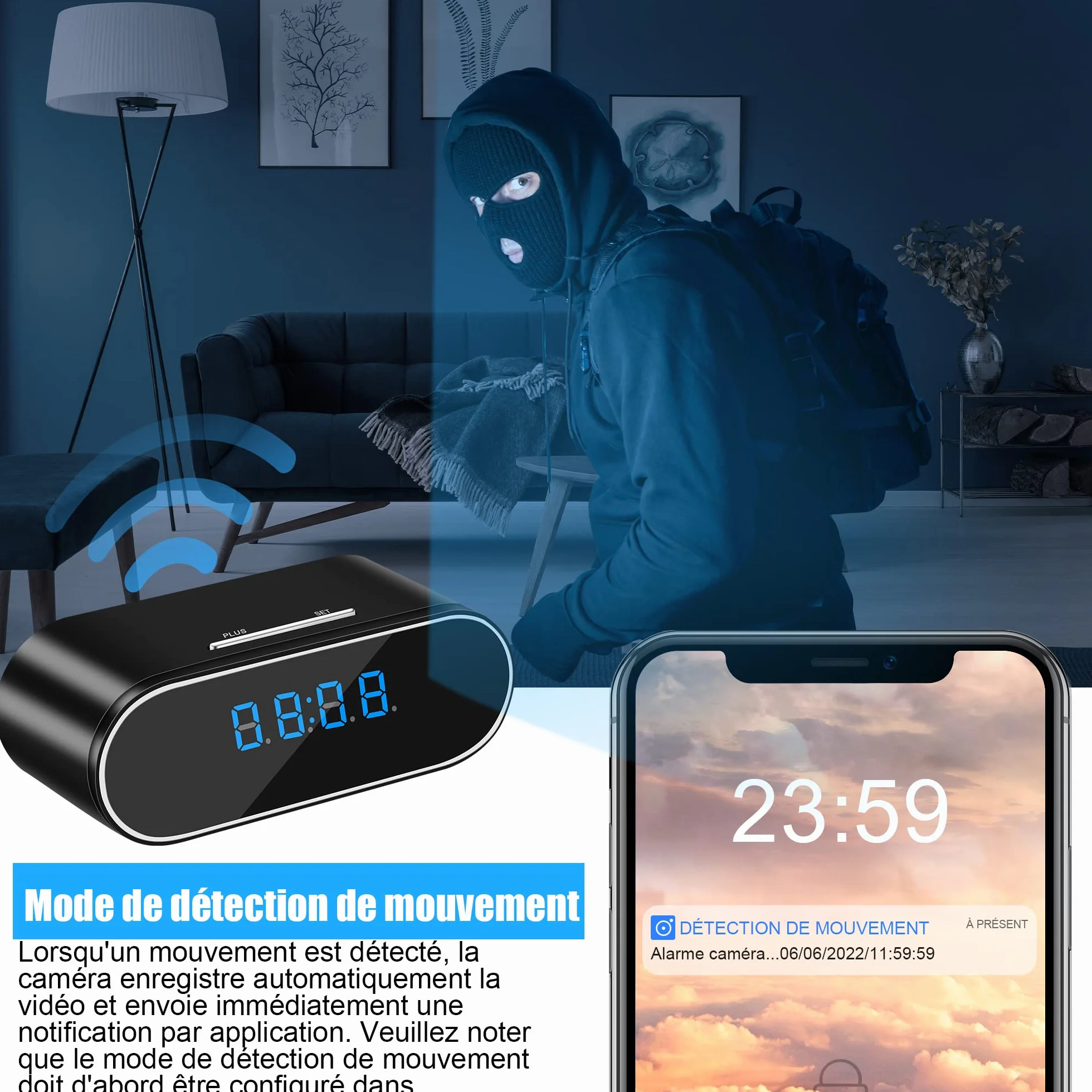 Caméra de Surveillance WiFi Intérieure 1080P Mini Espion Sans Fil Vision Nocturne Détecteur de Mouvement Noir