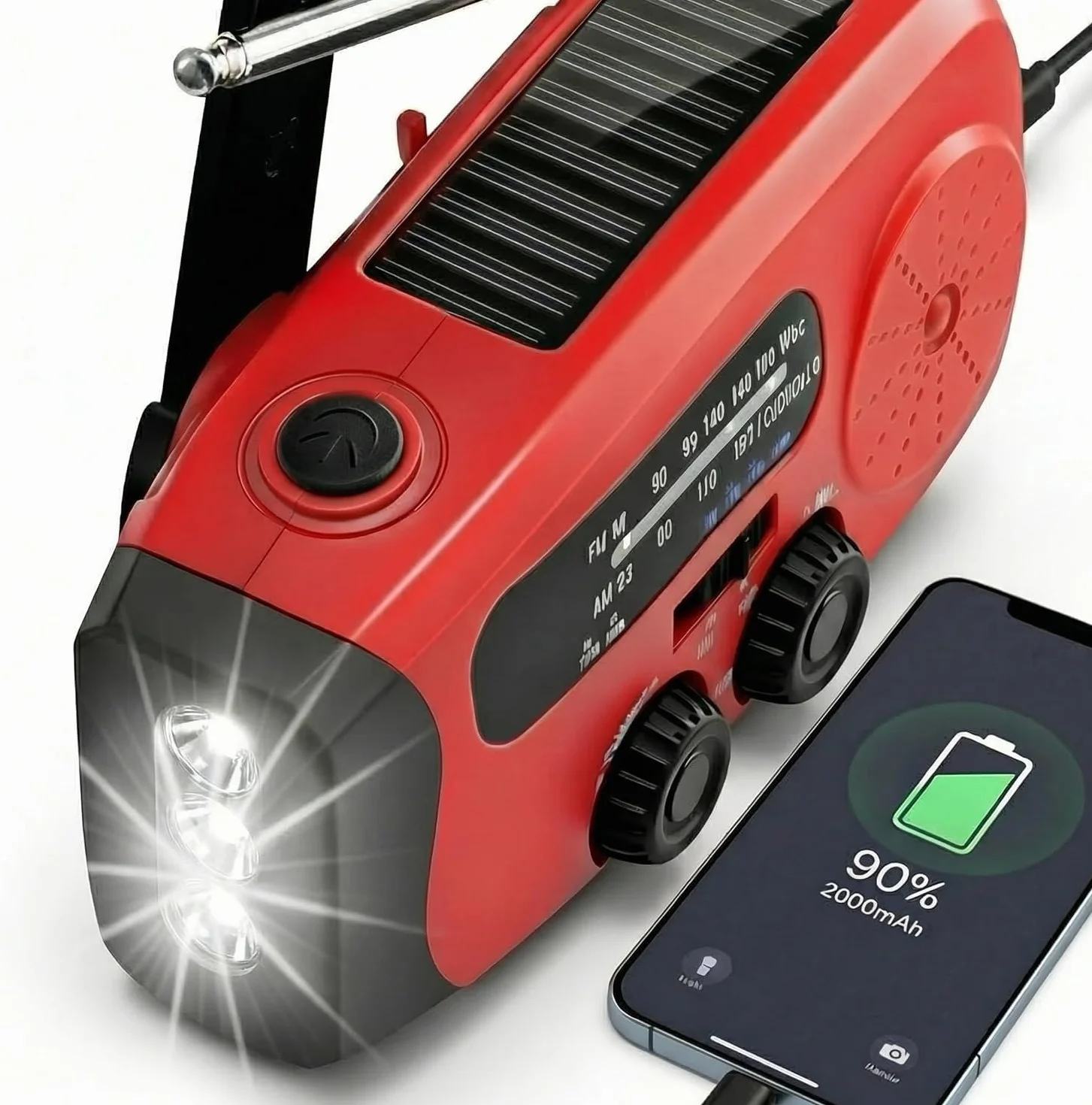 Notfunk Radio Portable d'urgence à Manivelle, 3 Lampes LED, Alarme SOS, Power Bank 2000mAh, Camping en Plein Air, Prévention d'urgence à la Maison, Rouge