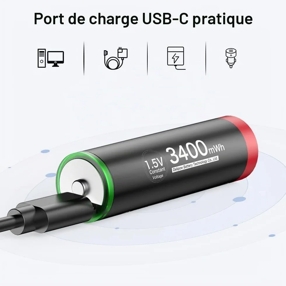 Piles Rechargeables AA 1,5V Lithium 3400mWh USB C 4 Pièces 1500 Cycles