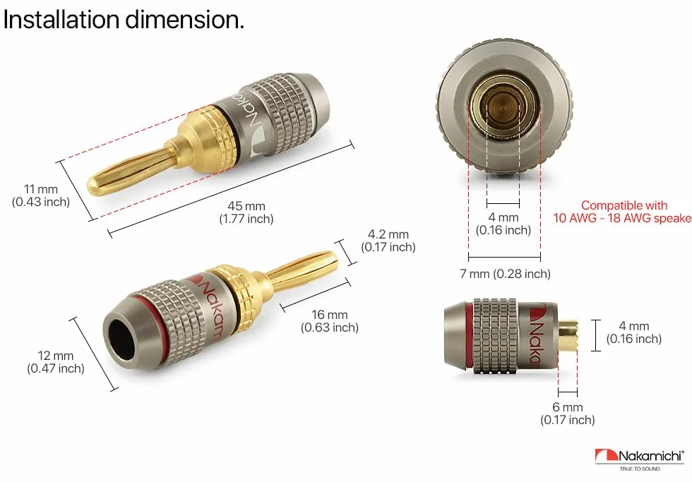 Nakamichi FanLock Fiche banane plaquée or 24K 10 AWG - 18 AWG Calibre 4 mm pour haut-parleurs Amplificateur Hi-Fi, 10 pièces (5 paires)