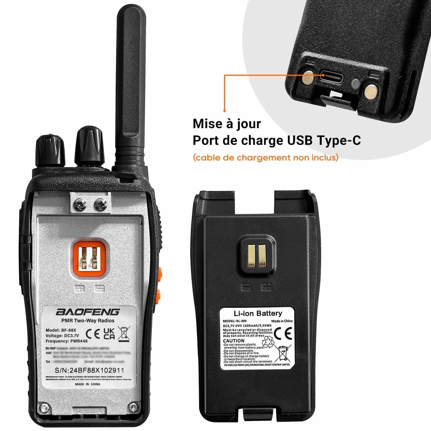 Talkie Walkie Professionnel BF-88X, Radio Bidirectionnelle 16 Canaux Longue Portée avec Chargeur USB, Noir (1 Paire)