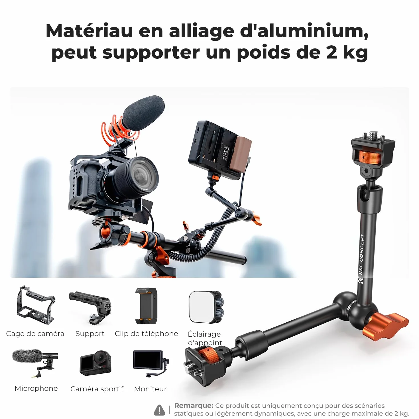 K&F CONCEPT Bras Magique 11 Pouce avec Pince Super Clamp et Vis 1/4'' 3/8'', Support Articulé Réglable pour Moniteur, Appareil Photo, Lumière LED, Microphone, Trépied Vidéo