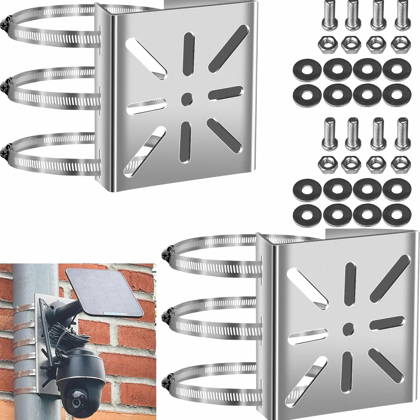 2 Set Support Universel pour Mât de Caméras de Surveillance, Montage Poteau Vertical en Acier Inoxydable avec Vis et 3 Brides Réglables, Support d’Angle pour Caméras CCTV, Panneaux Solaires