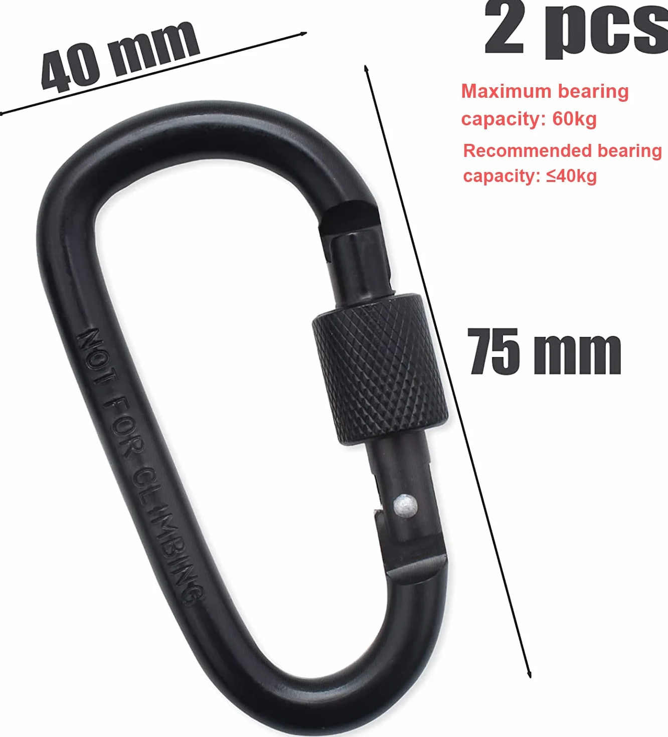 Mousqueton Tactique en Alliage d'Aluminium Porte-clés Noir Verrouillage à Vis 2 Pièces