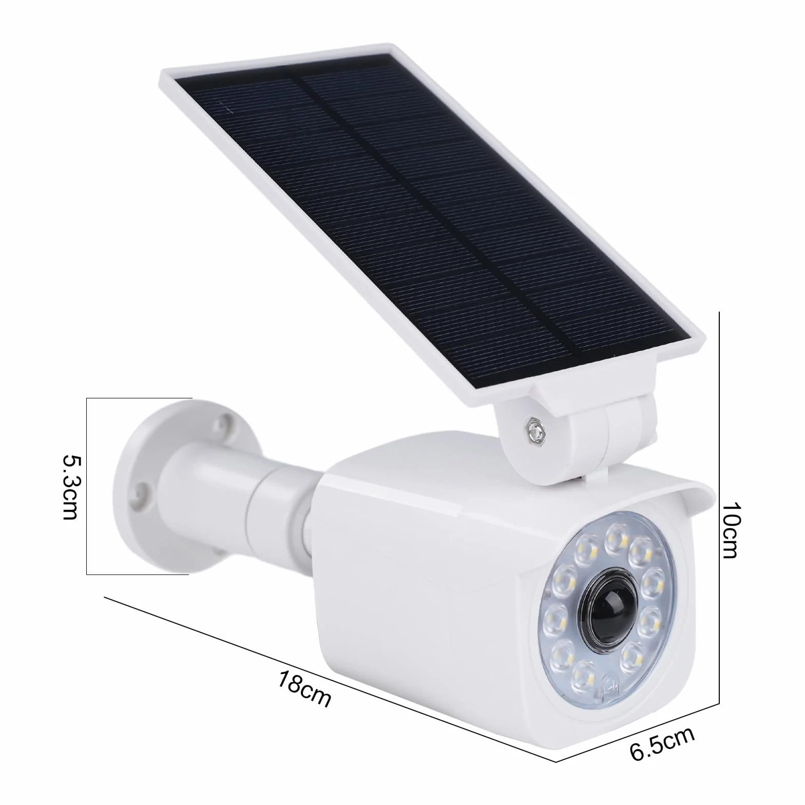 Lampes solaires d'extérieur avec détecteur de mouvement Lampes solaires LED avec caméra factice Caméra de surveillance factice 360° Panneau solaire pivotant à 120° 5V/1.5W 2200mAh IP65 Blanc.