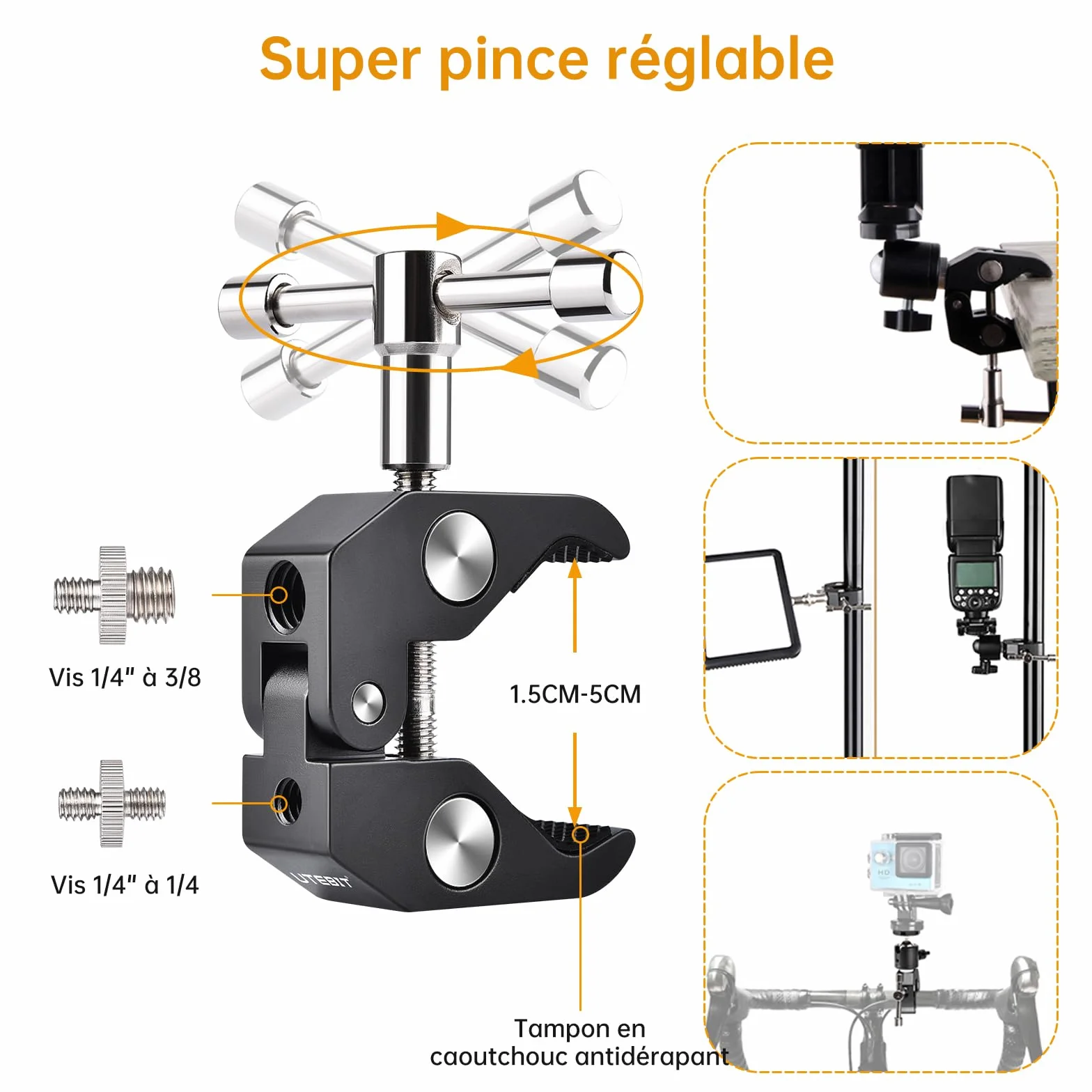 UTEBIT Pince Trépied Bras Magique, Super Clamp avec Rotule Pivotante à 360° en Alliage Aluminium, Bras Articulé Support pour Appareil Photo, Lampe Vidéo, et Caméra Action