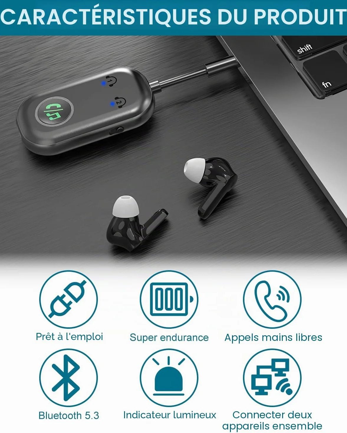 Adaptateur Bluetooth Avion 5.3, Transmetteur Récepteur 2 en 1, 3,5 mm AUX pour TV, Voiture, Casque