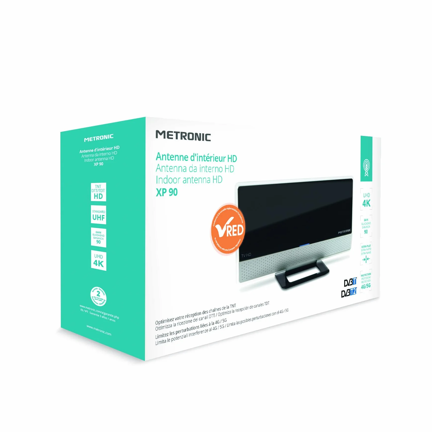 METRONIC 416807 Antenne TV Intérieur Puissante Amplifiée et Extra Plate Compatible 4K UHD - Réception TNT Haute Définition - Noir