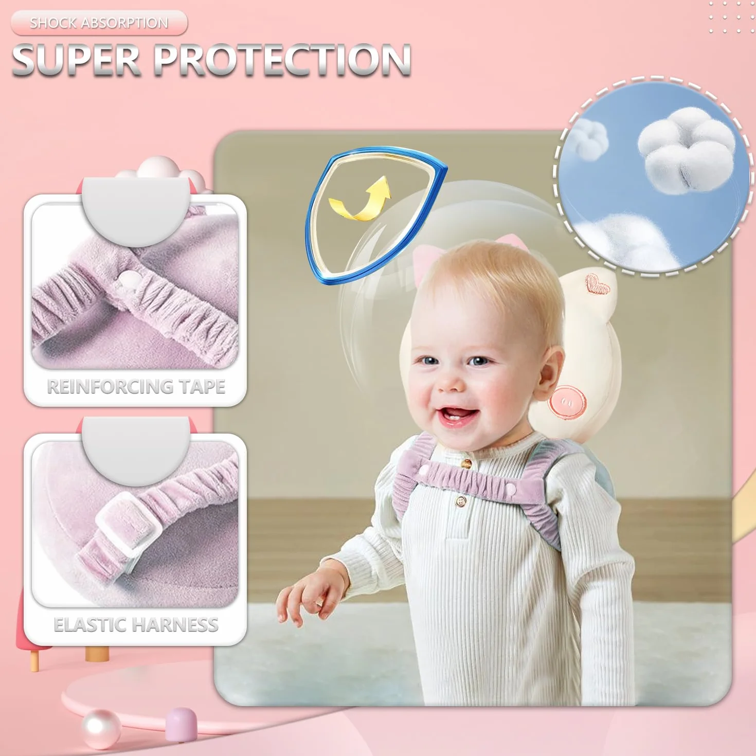 Sac à dos de protection de la tête de bébé réglable avec coussinet pour nourrissons 5-24 mois chat